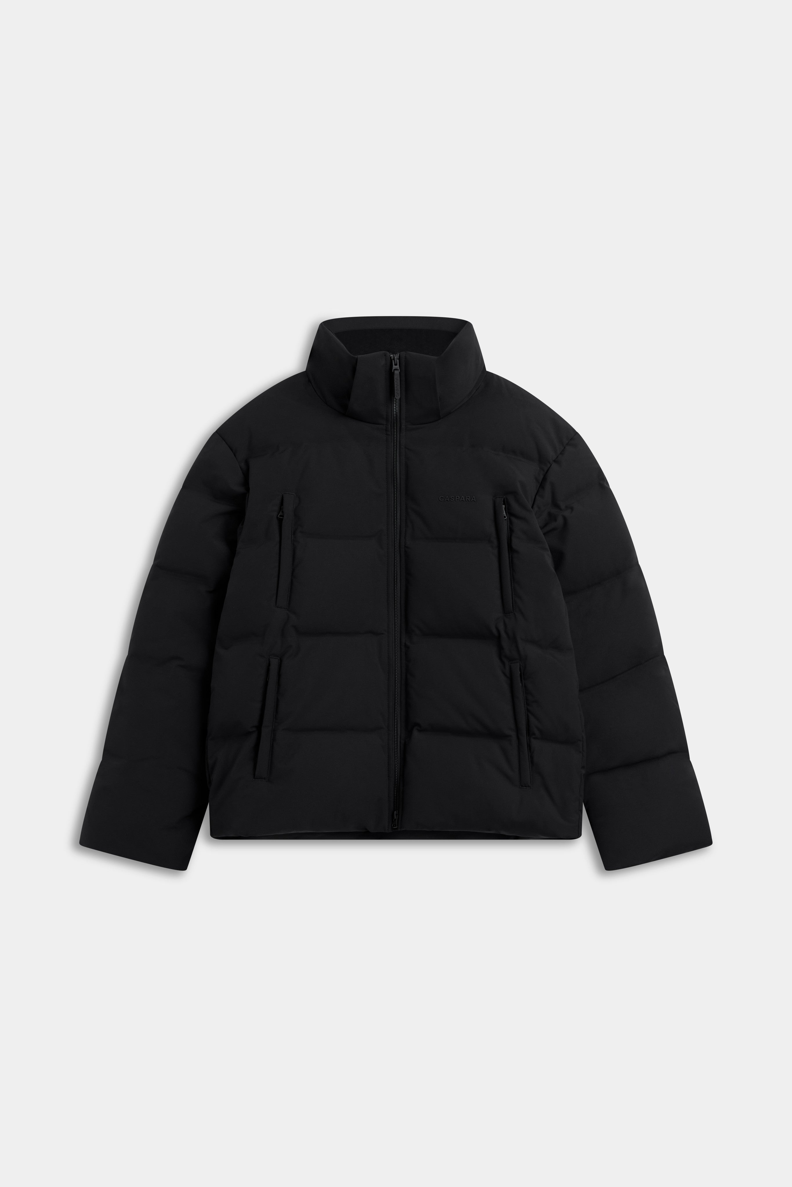 Black CASPARA Boreal puffer jacket shown from the front with a stand-up collar.