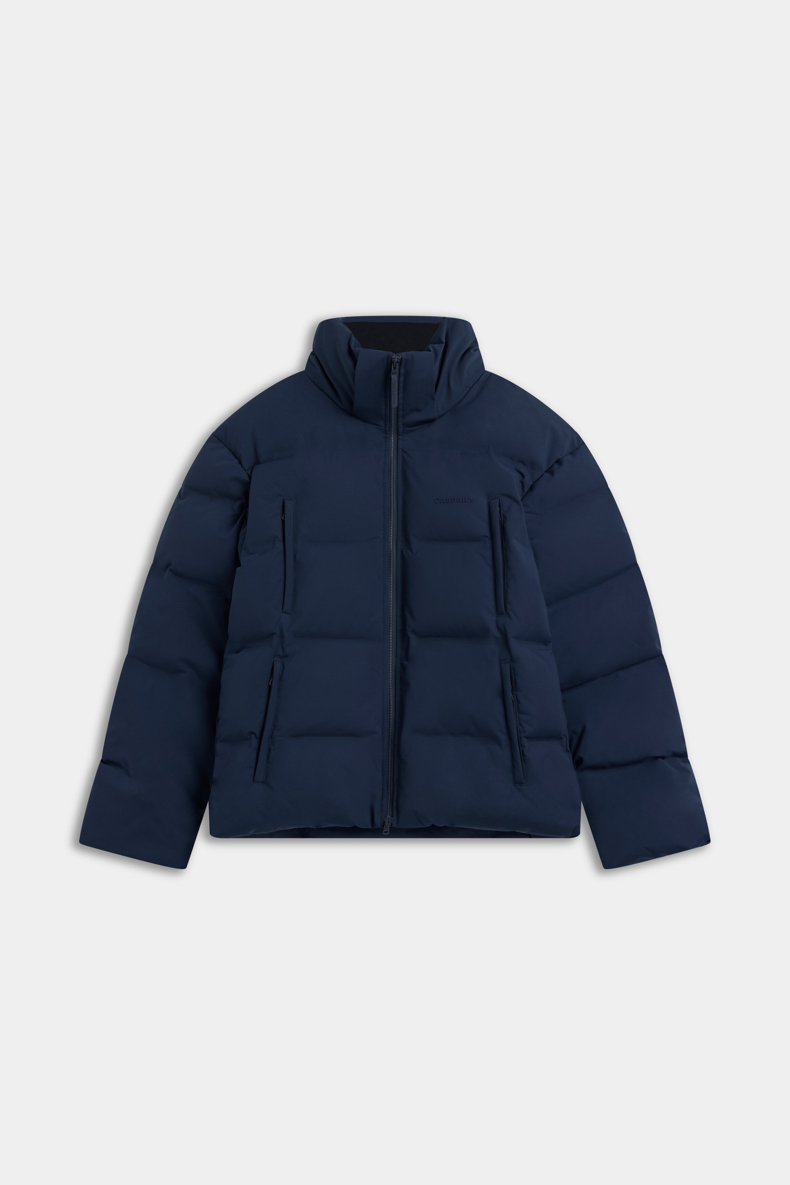 Navy CASPARA Boreal puffer jacket with a stand collar, shown from the front.