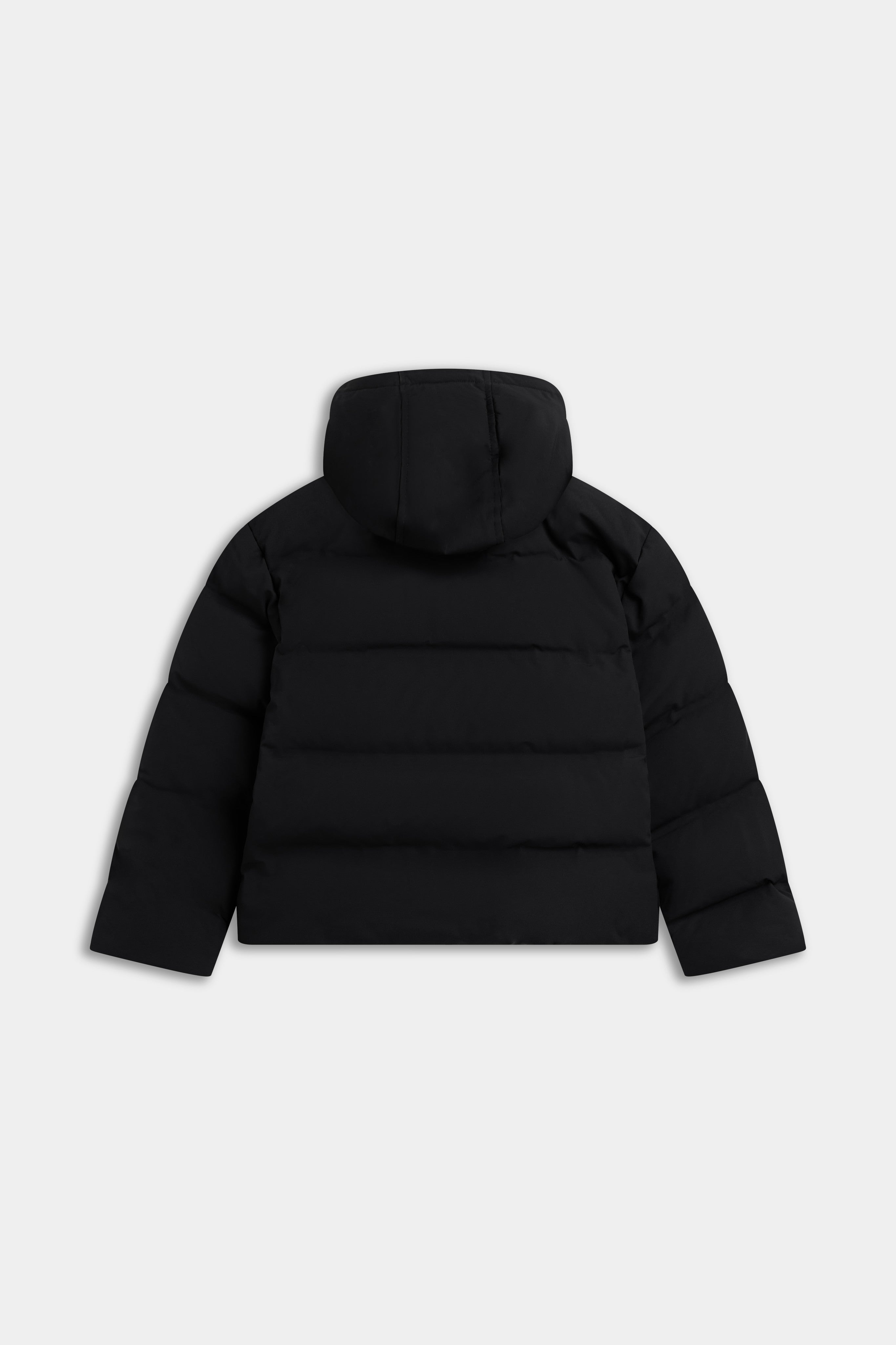 Back view of the CASPARA Aurora puffer jacket in black with hood.