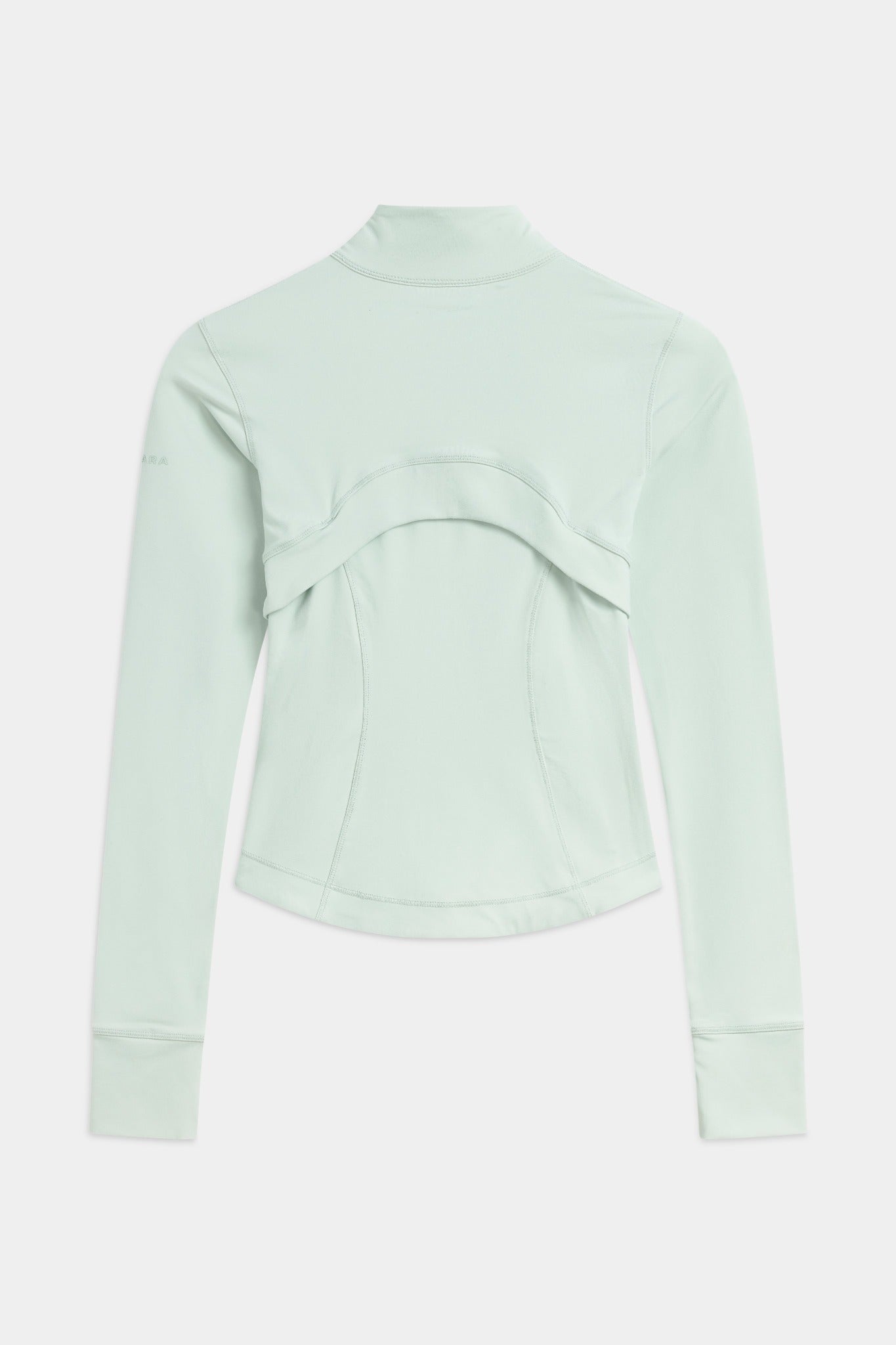 Back view of the CASPARA women's Sculptluxe zip jacket in pistachio green with a ventilated back.