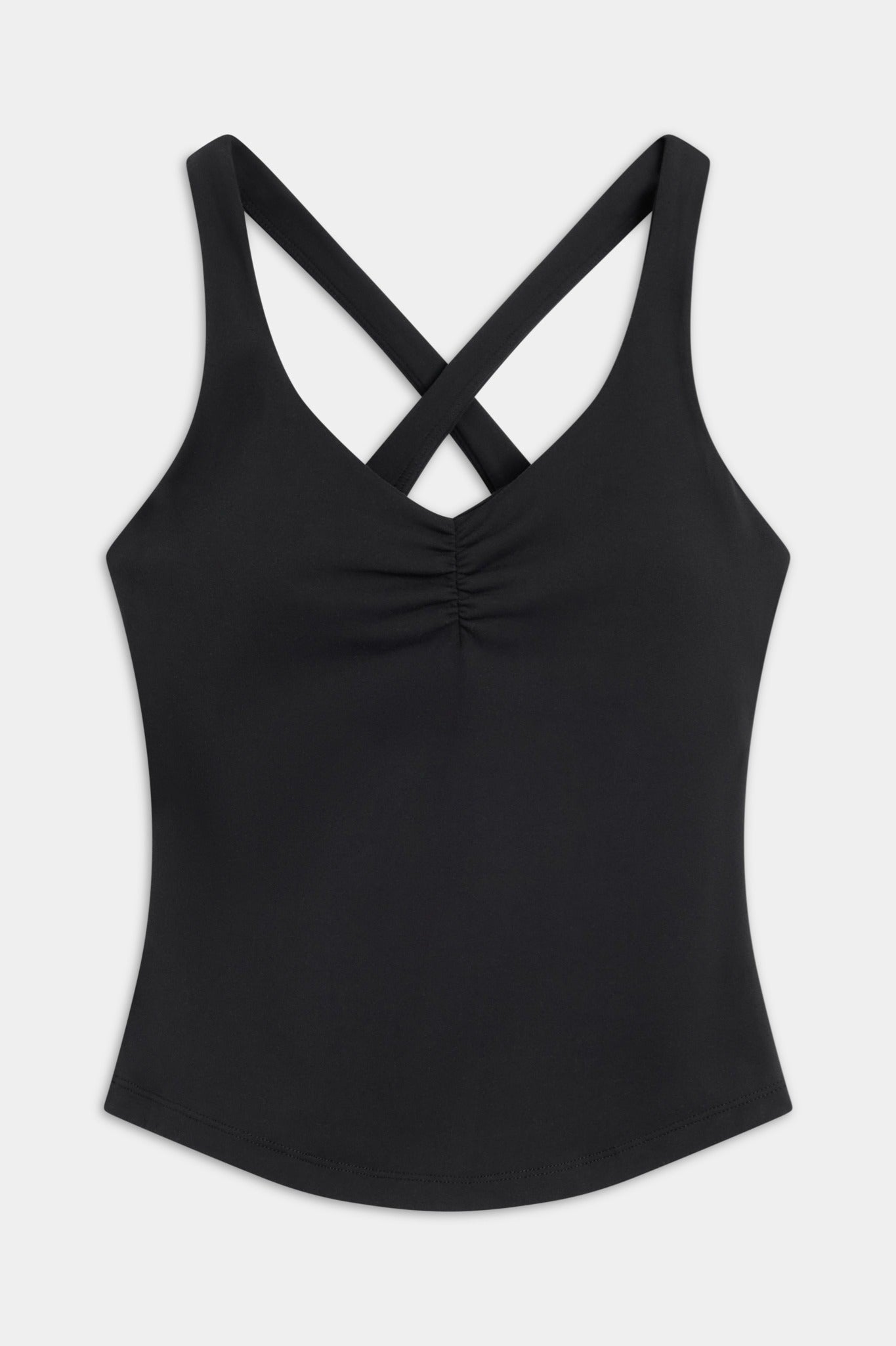 Front view of the black CASPARA Cloudform scrunch tank top with crossback straps.