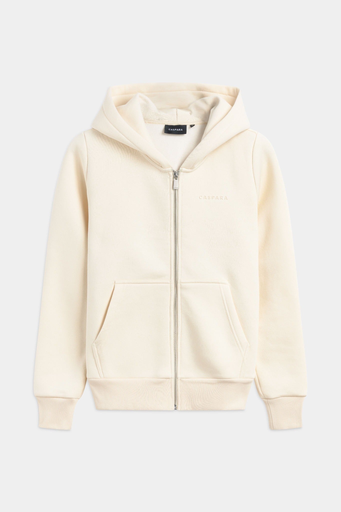 Front view of the creme CASPARA Cosmo zip hoodie on a light grey background.
