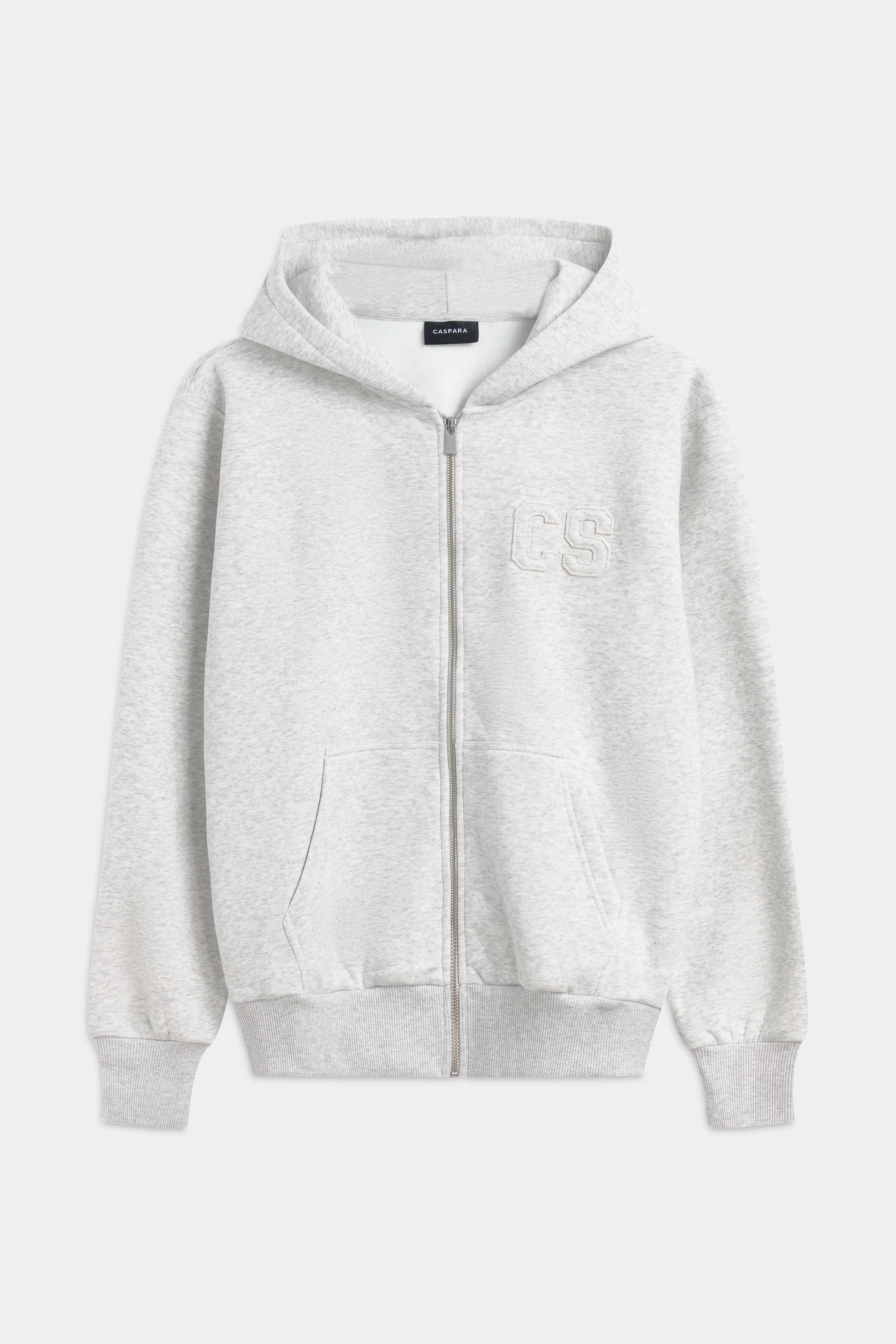 CASPARA men's grey melange CS zip hoodie featuring a front zipper and split kangaroo pocket.