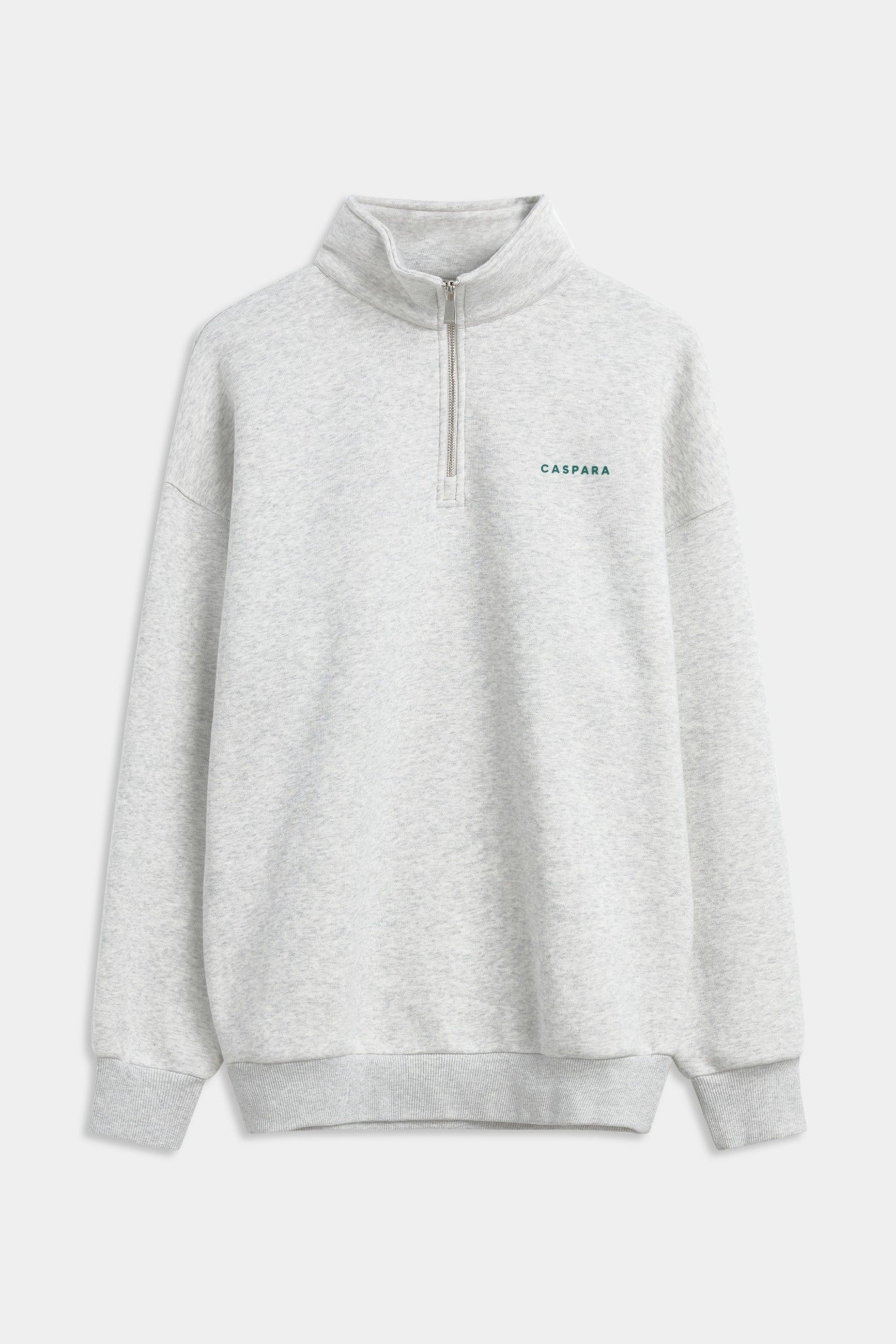 Grey melange CASPARA quarter-zip sweatshirt with green embroidered logo on a neutral background.