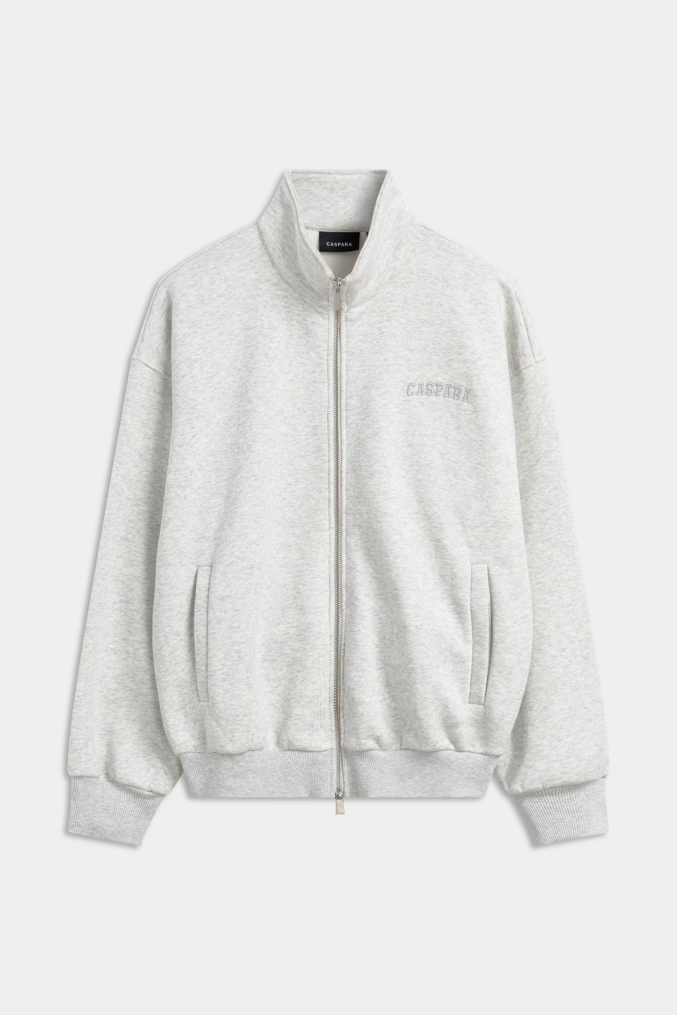 Grey melange CASPARA All-Star funnel zip sweatshirt against a plain studio background.