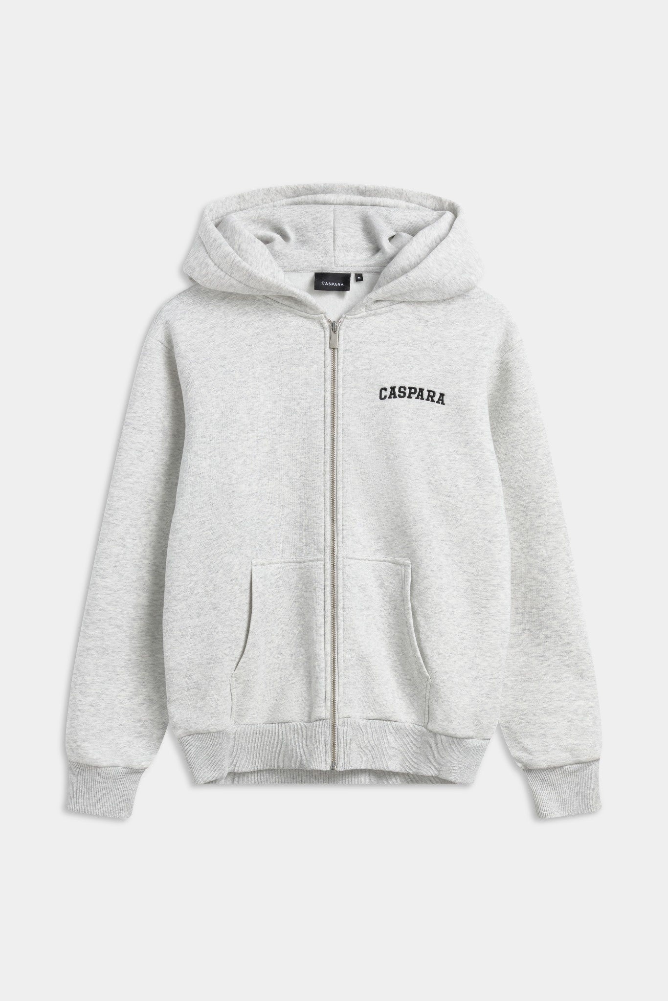 Grey melange CASPARA logo zip-up hoodie against a light studio background.