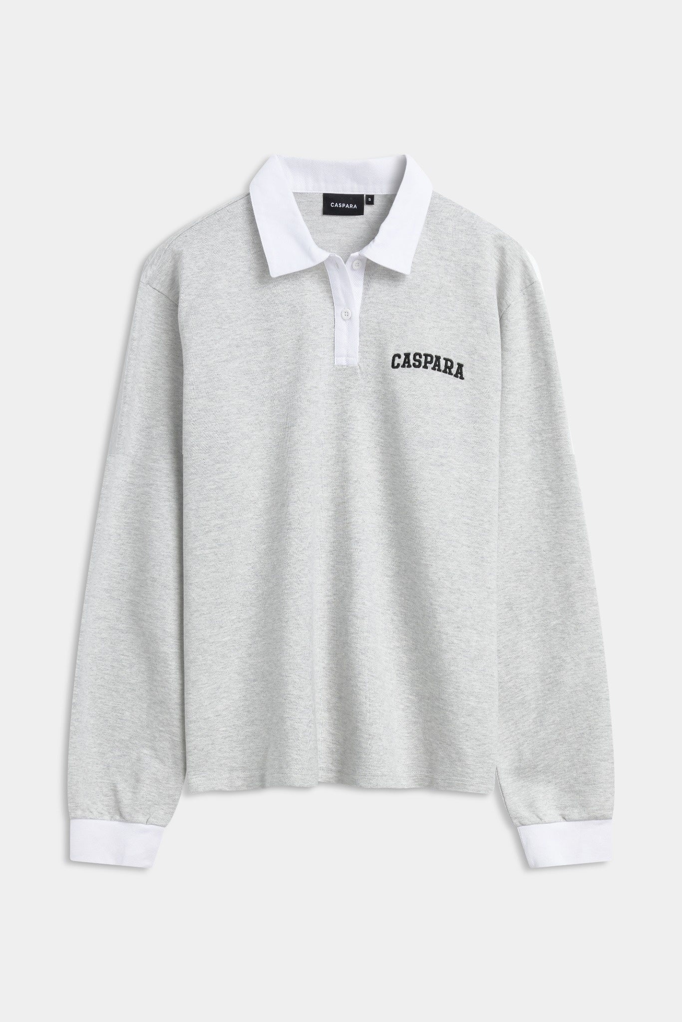 Grey CASPARA long-sleeve rugby shirt featuring a white collar, cuffs, and chest logo.