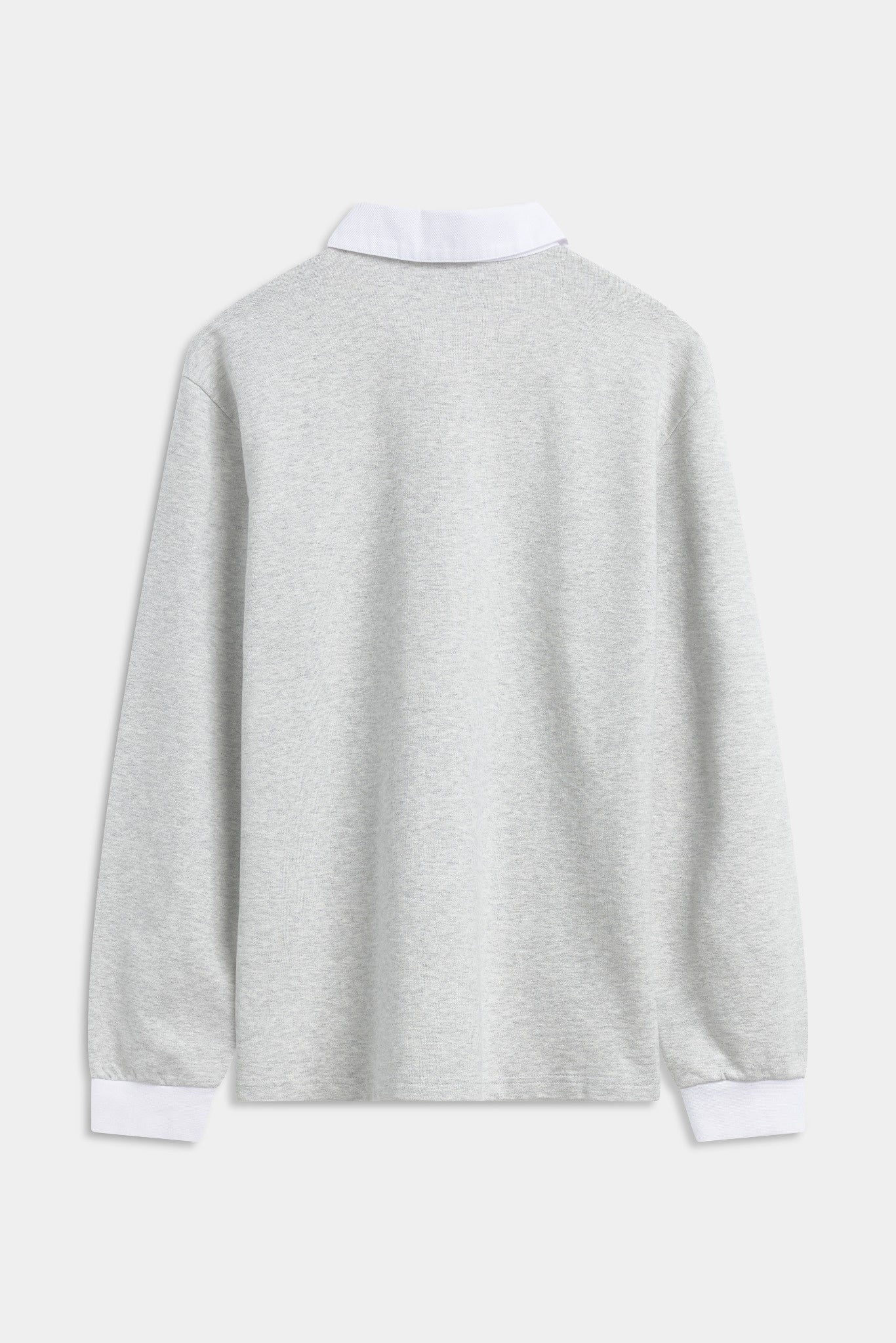 Back view of a CASPARA grey melange rugby shirt with a white collar and cuffs.