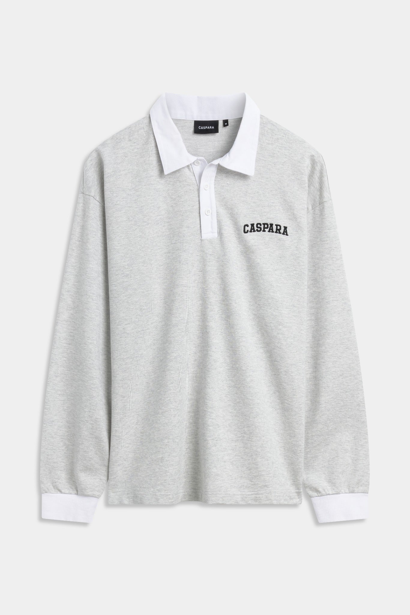 Grey CASPARA logo rugby shirt with a white collar and cuffs against a grey background.