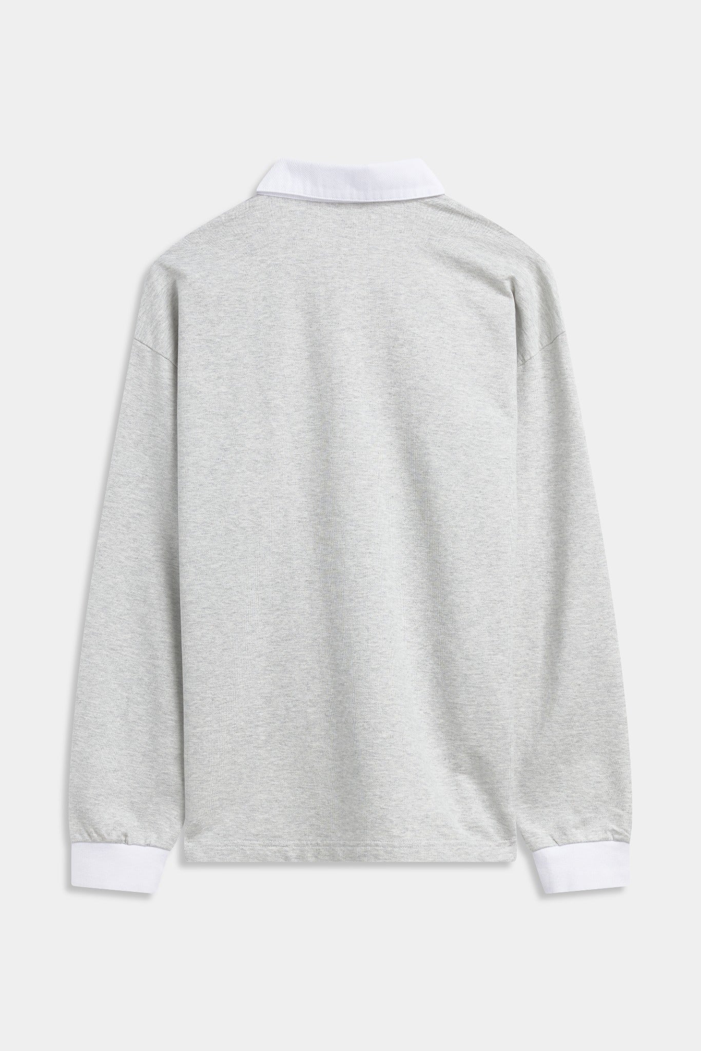 Back view of a light grey melange CASPARA rugby shirt with a white collar and cuffs.