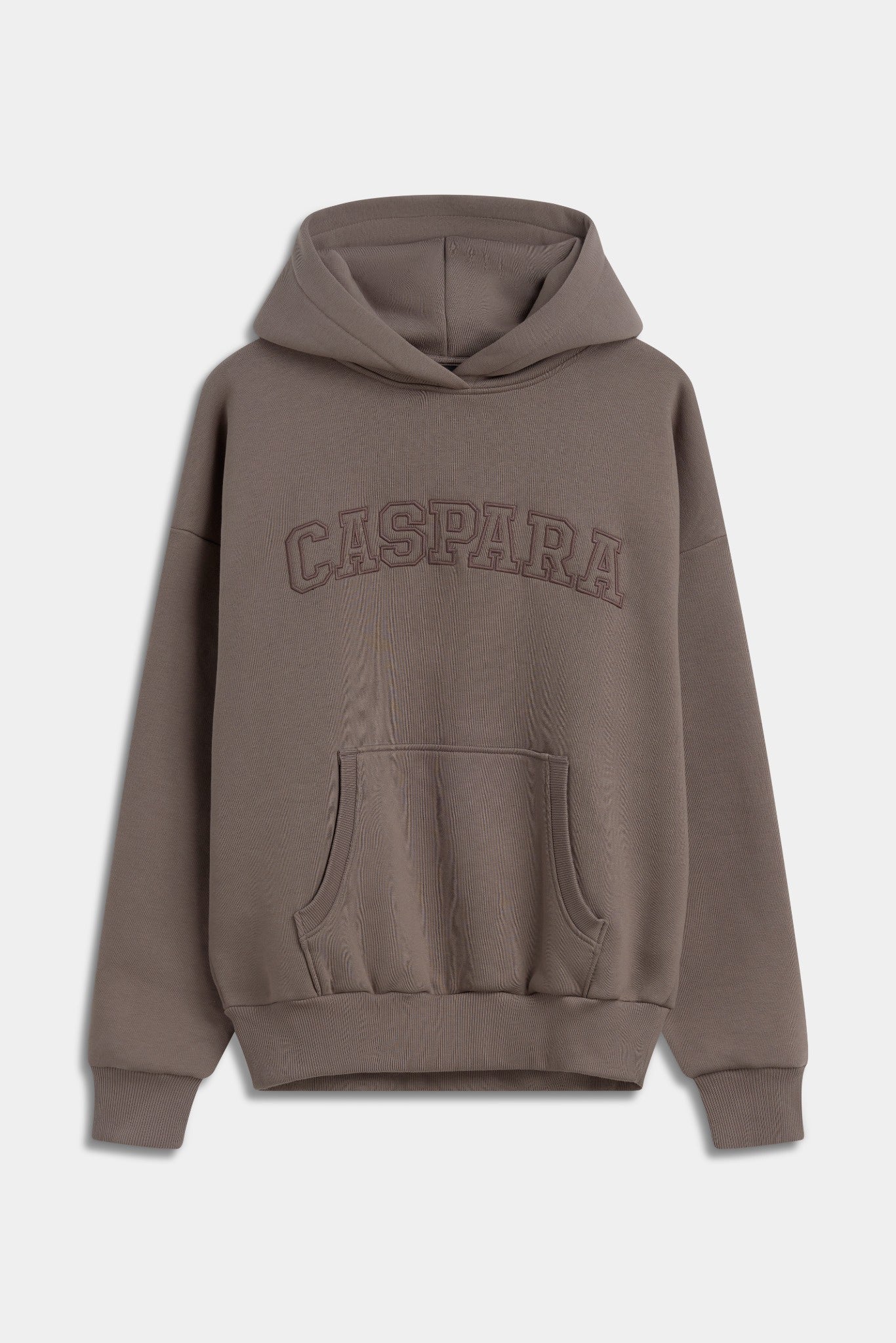 CASPARA All-Star hoodie in walnut brown with embroidered logo against a grey background.