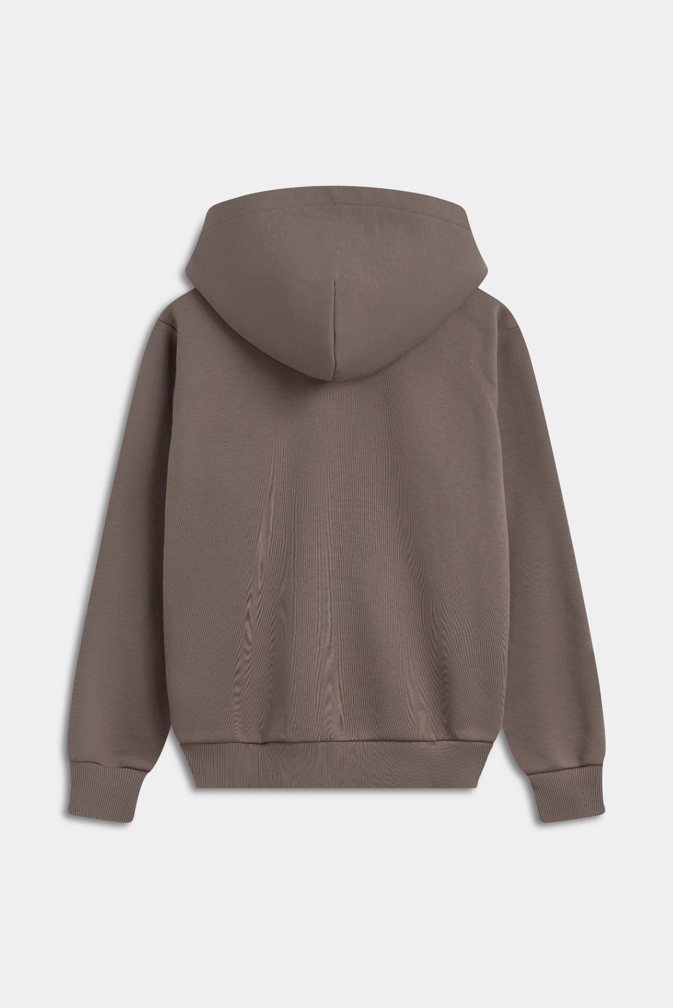Back view of the CASPARA All-Star zip hoodie in walnut brown against a plain grey background.