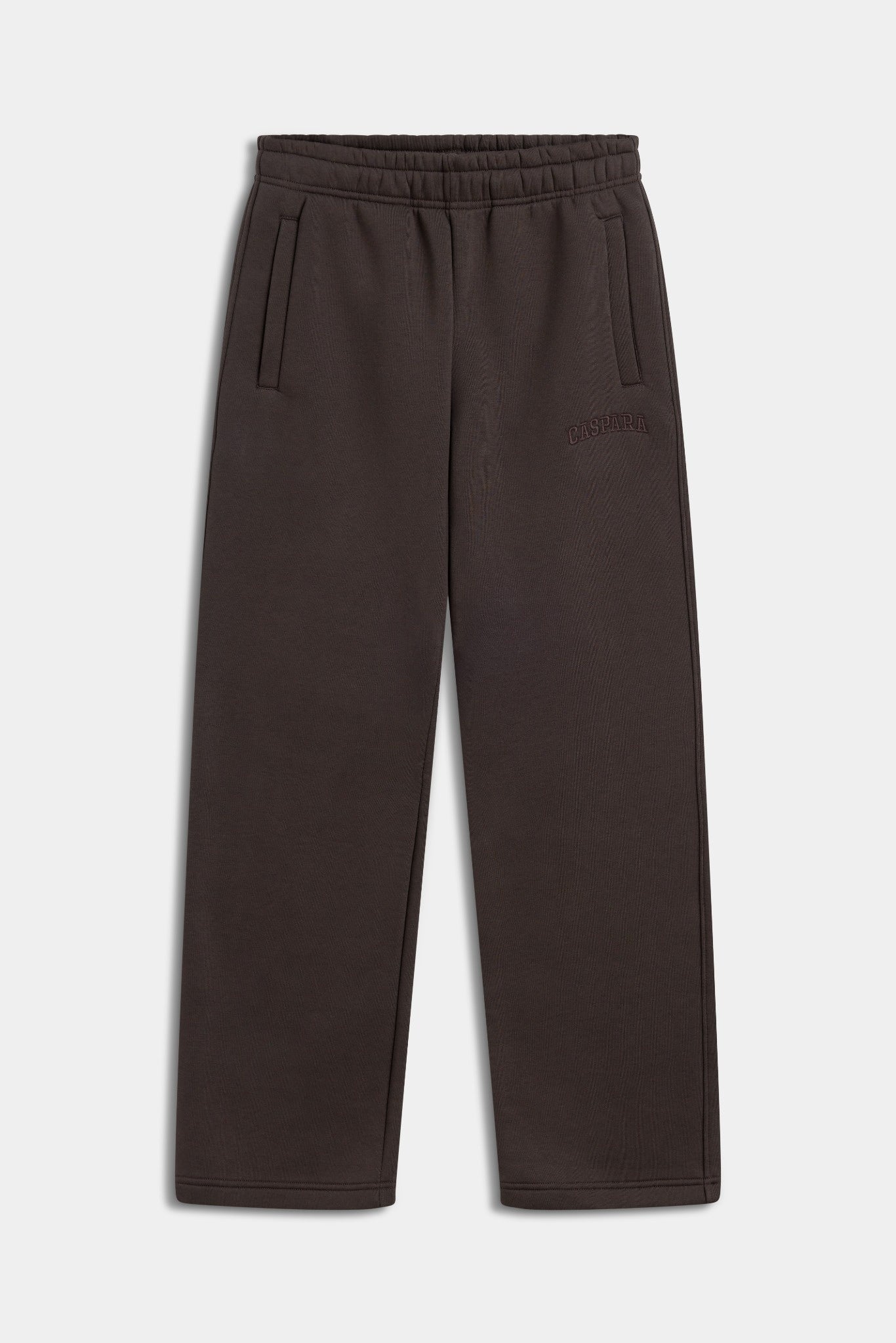 Espresso brown CASPARA straight-leg sweatpants against a light grey background.