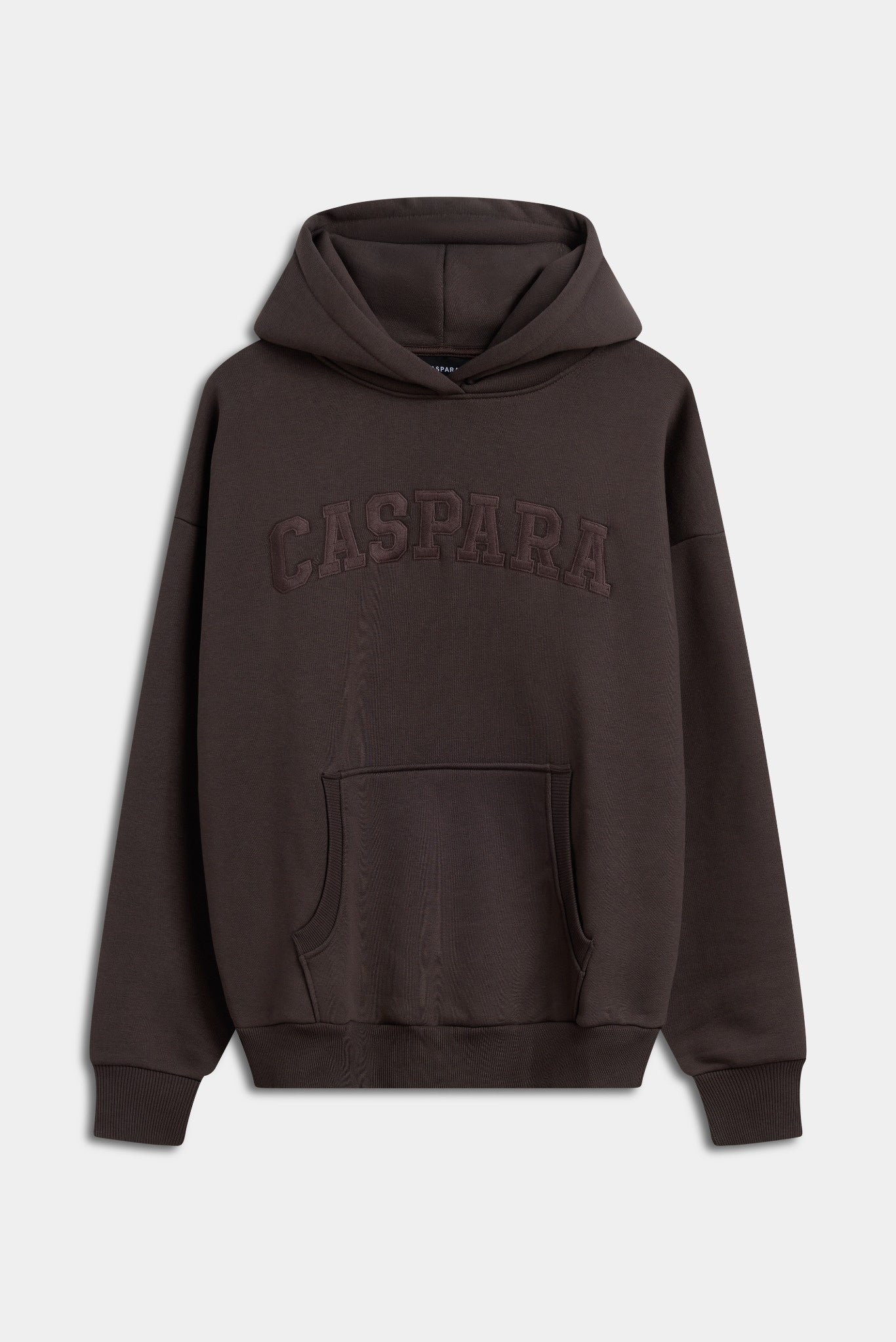 Espresso CASPARA All-Star logo pullover hoodie against a light grey background.