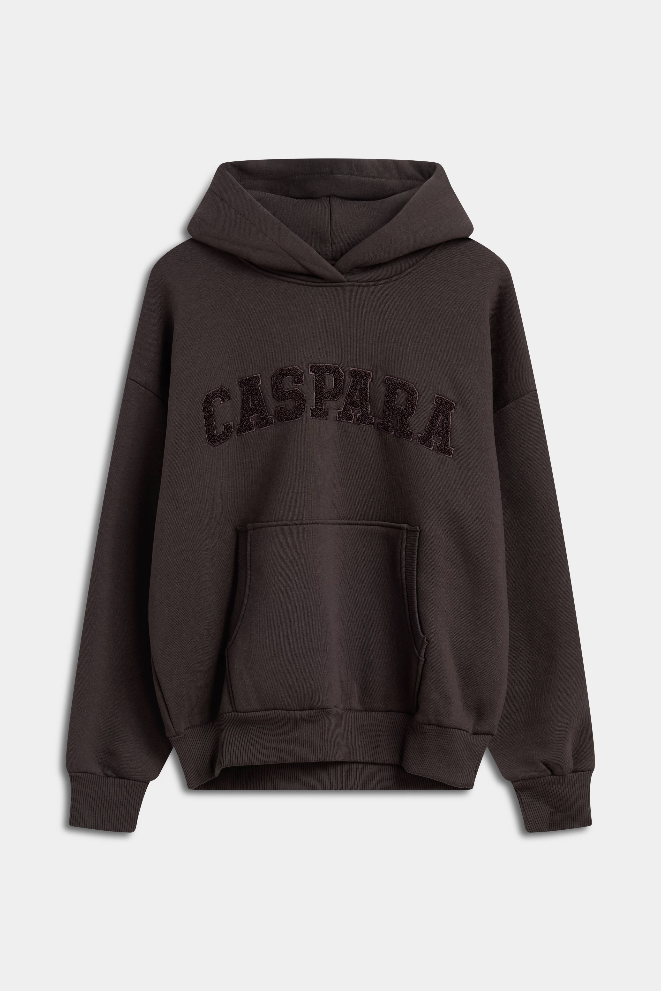 Espresso brown CASPARA All-Star heavyweight hoodie with arched chenille chest logo.