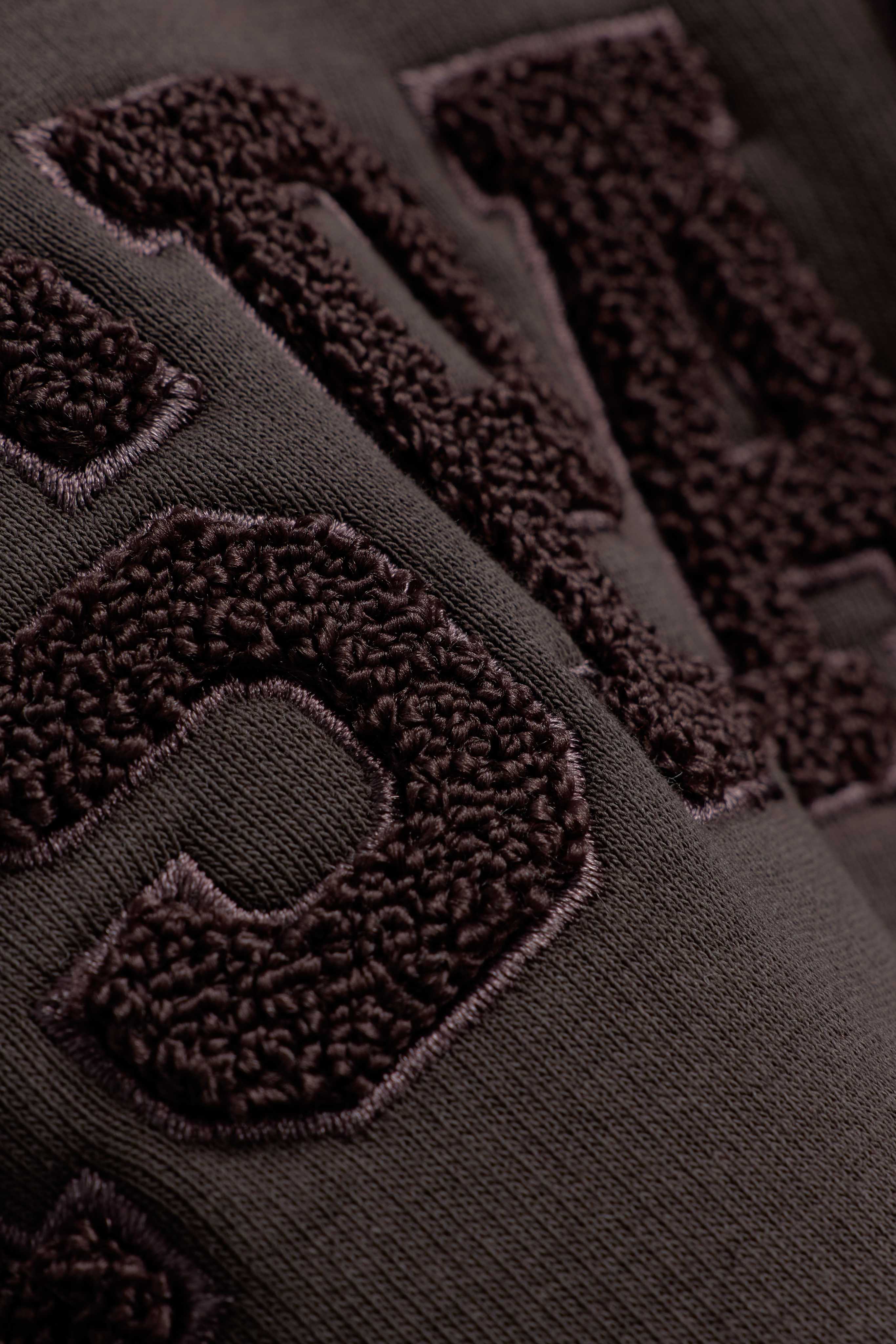 Close-up of chenille embroidery detail on an espresso CASPARA All-Star hoodie.