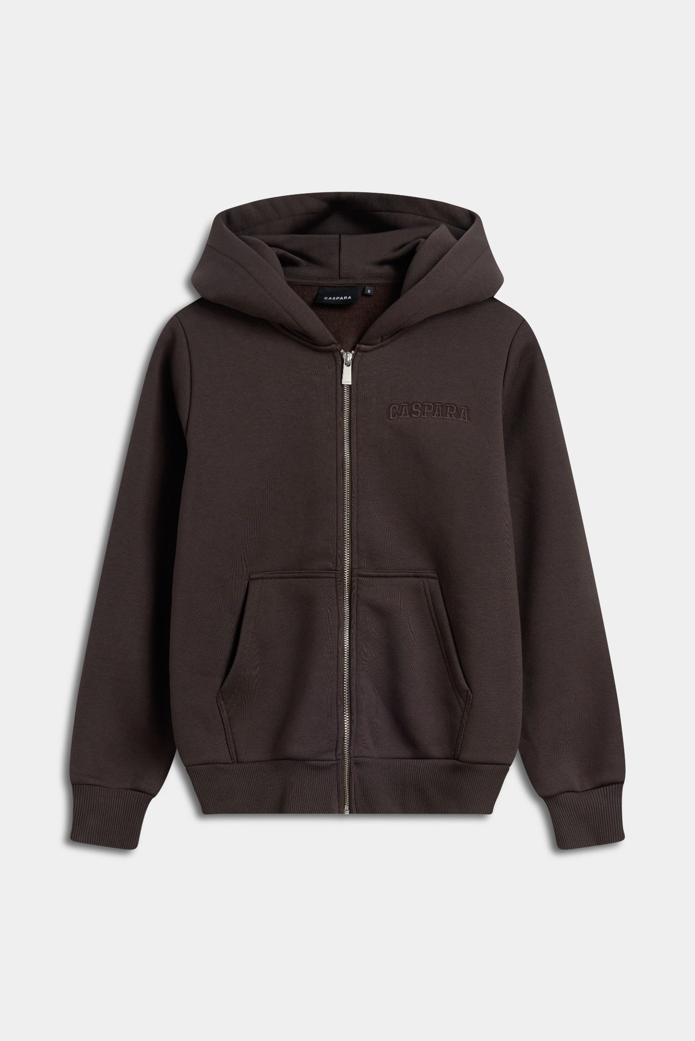 Espresso brown CASPARA zip-up hoodie with embroidered chest logo against a light background.