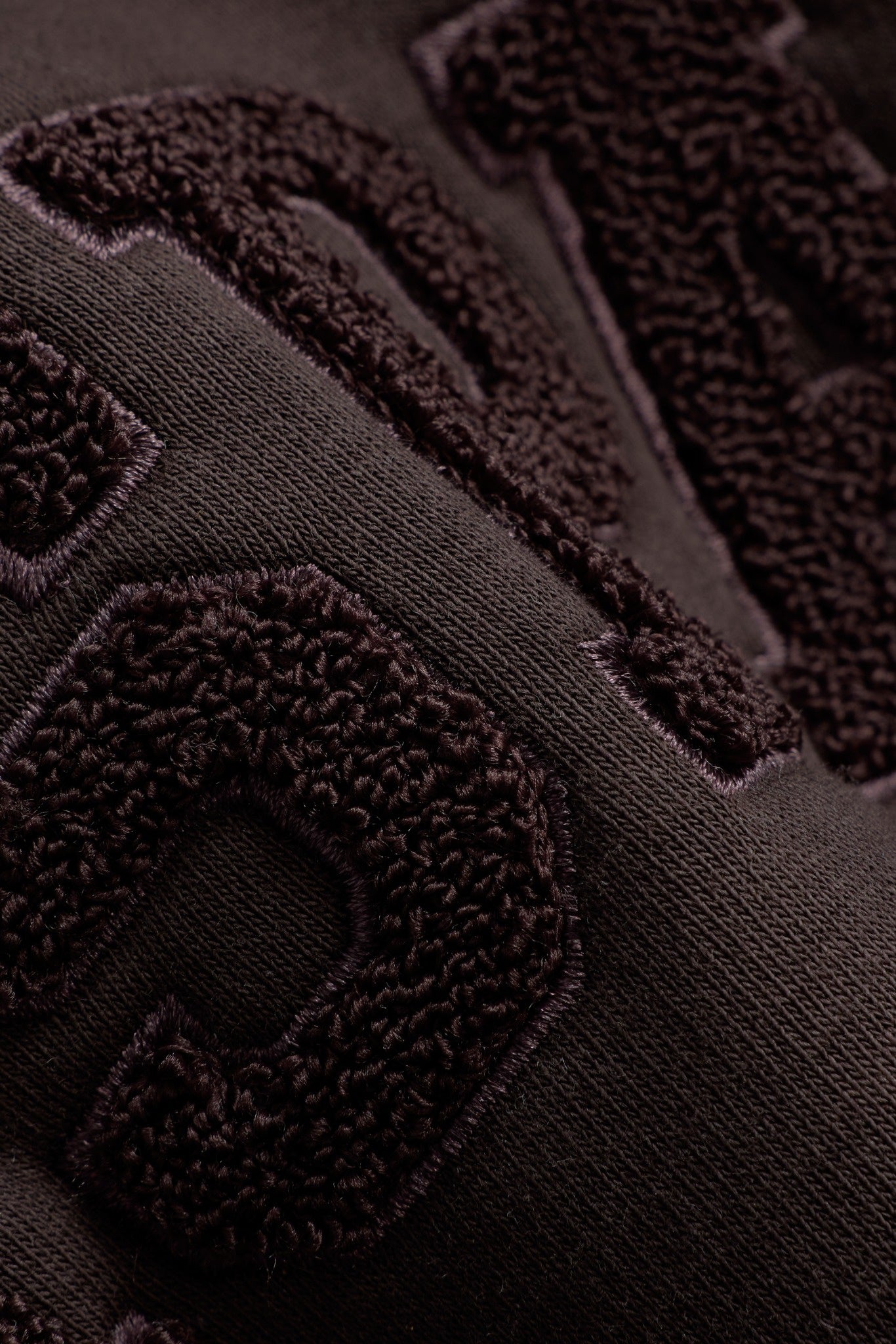 Close-up of textured embroidered lettering on an espresso brown CASPARA crewneck sweatshirt.
