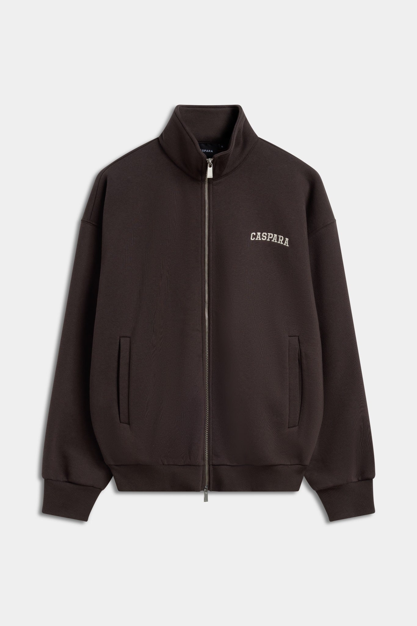 Espresso brown CASPARA funnel neck zip sweatshirt against a light grey background.