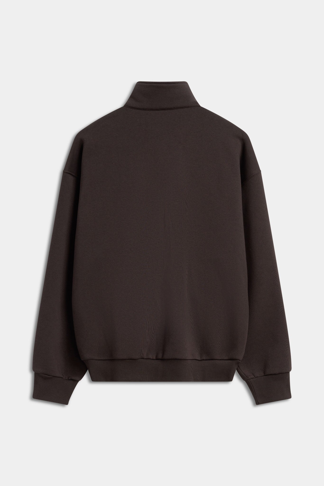 Back view of the espresso brown CASPARA All-Star funnel zip sweatshirt.