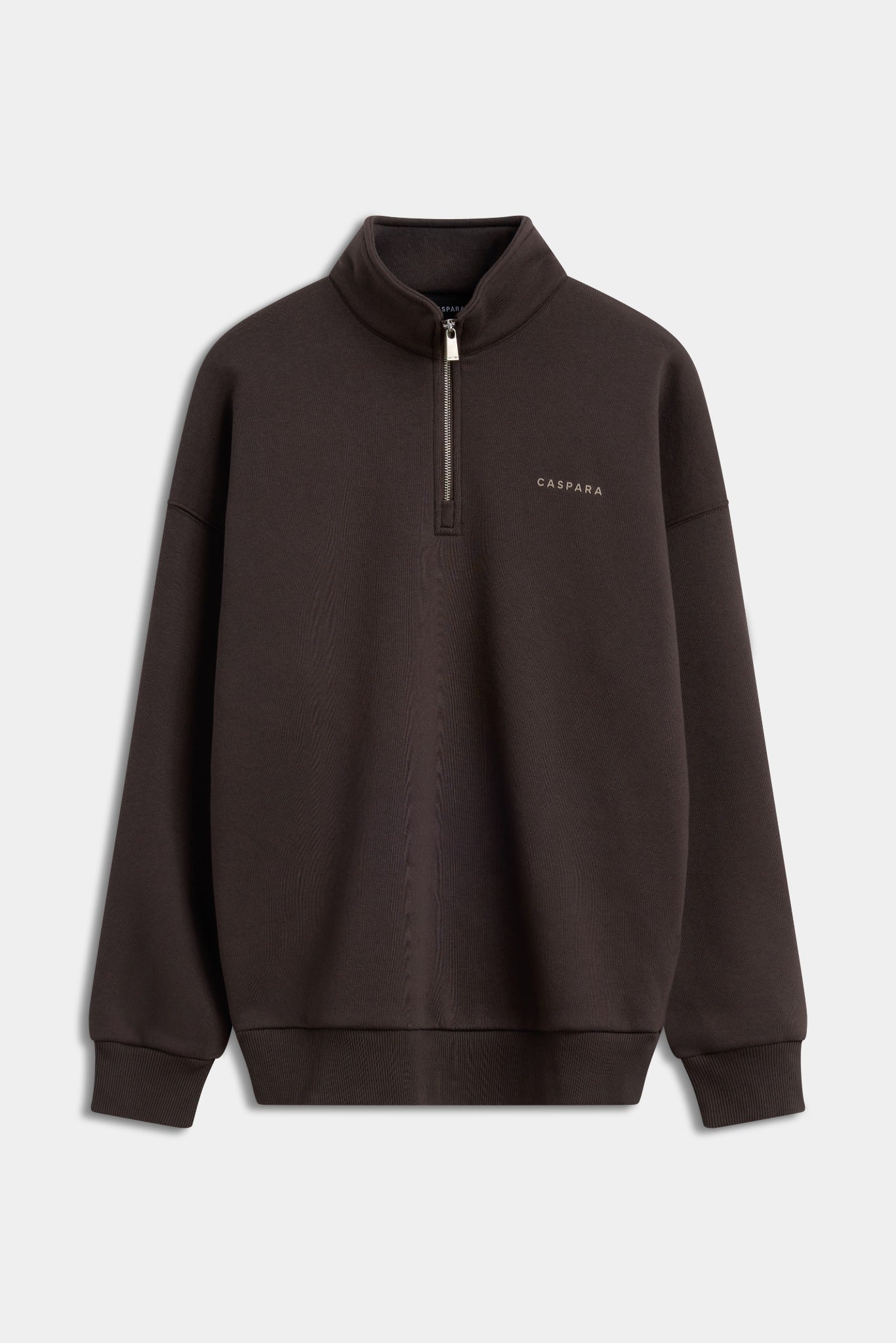 Espresso brown CASPARA logo quarter-zip sweatshirt against a light grey background.