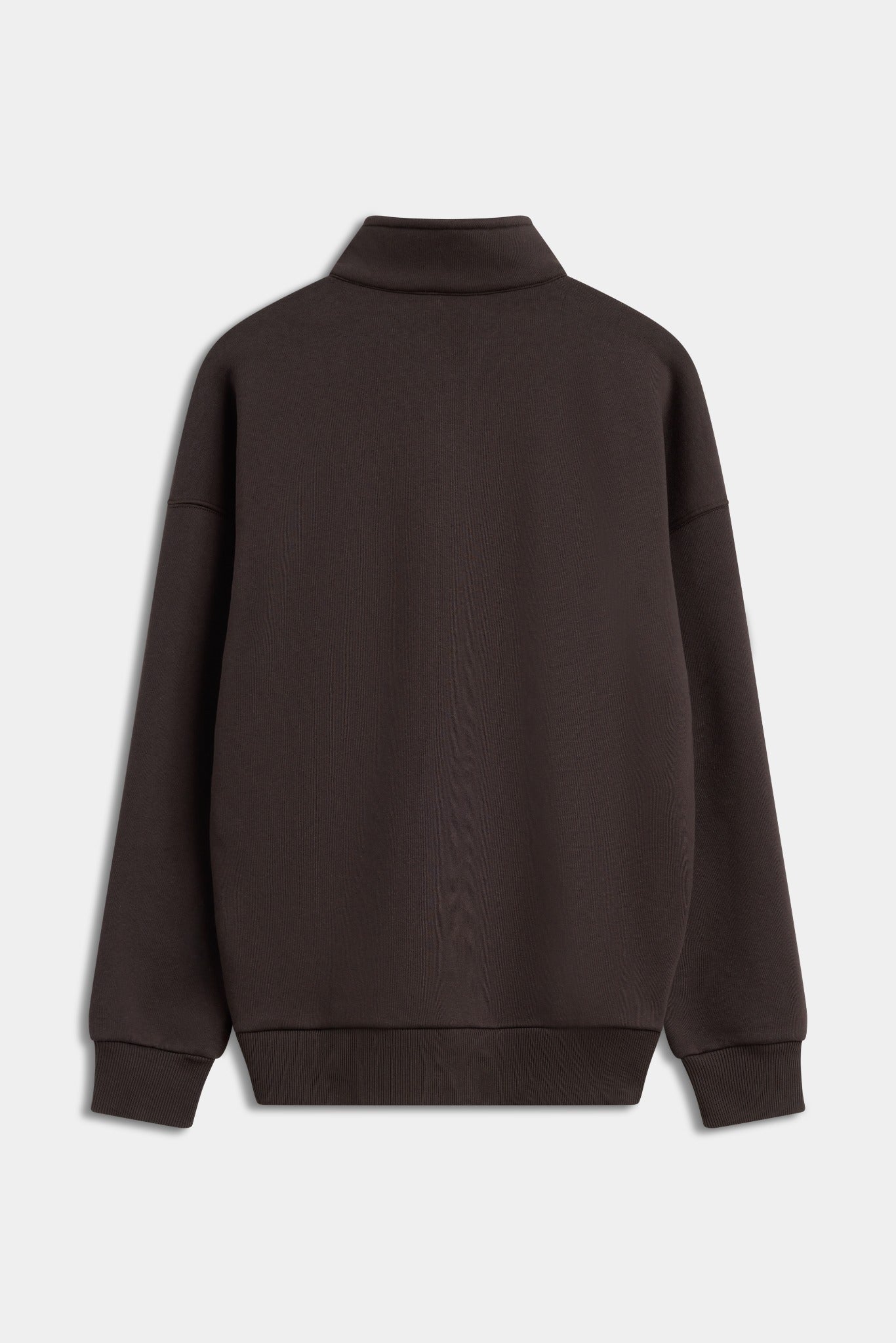 Back view of the CASPARA men's espresso brown 1/4 zip sweatshirt on a light grey background.