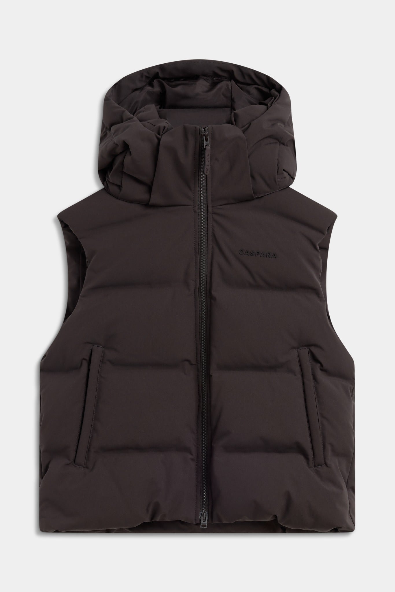 Espresso brown CASPARA Aurora hooded puffer vest against a light grey background.