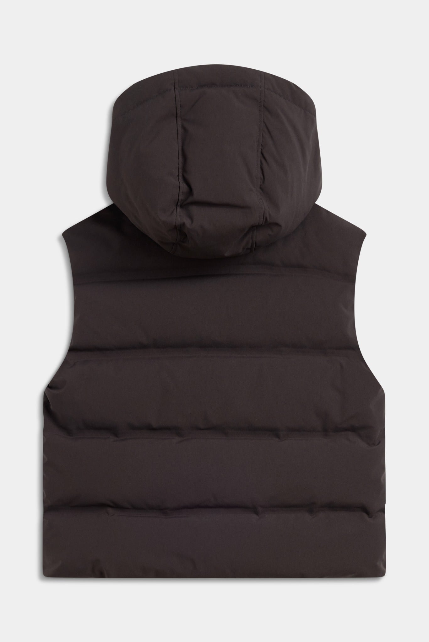 Back view of the espresso CASPARA Aurora hooded puffer vest against a grey background.