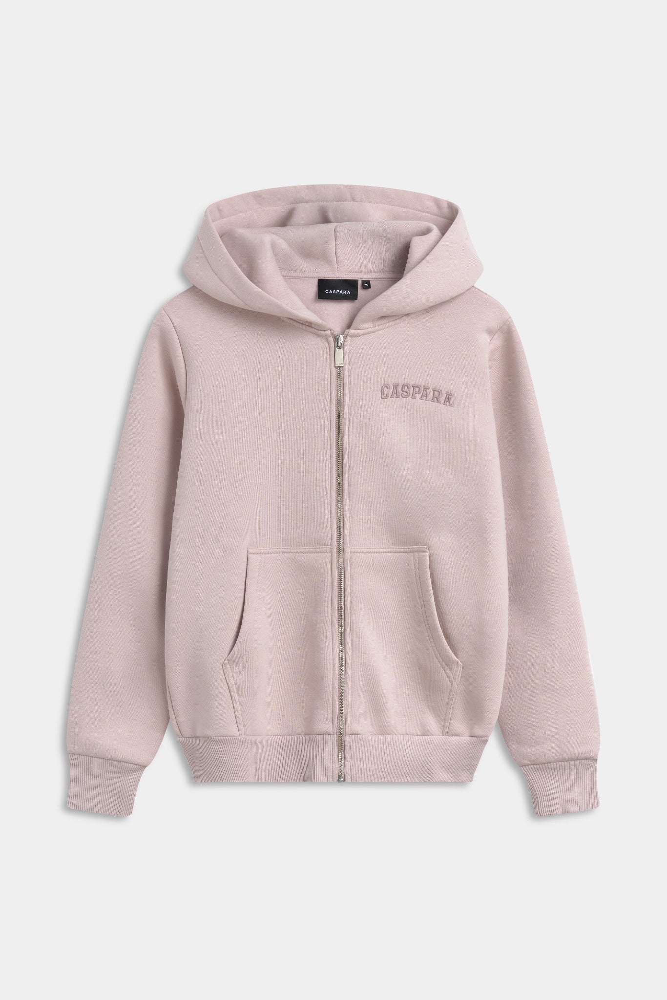 Dusty pink CASPARA zip hoodie with an embroidered chest logo against a light grey background.