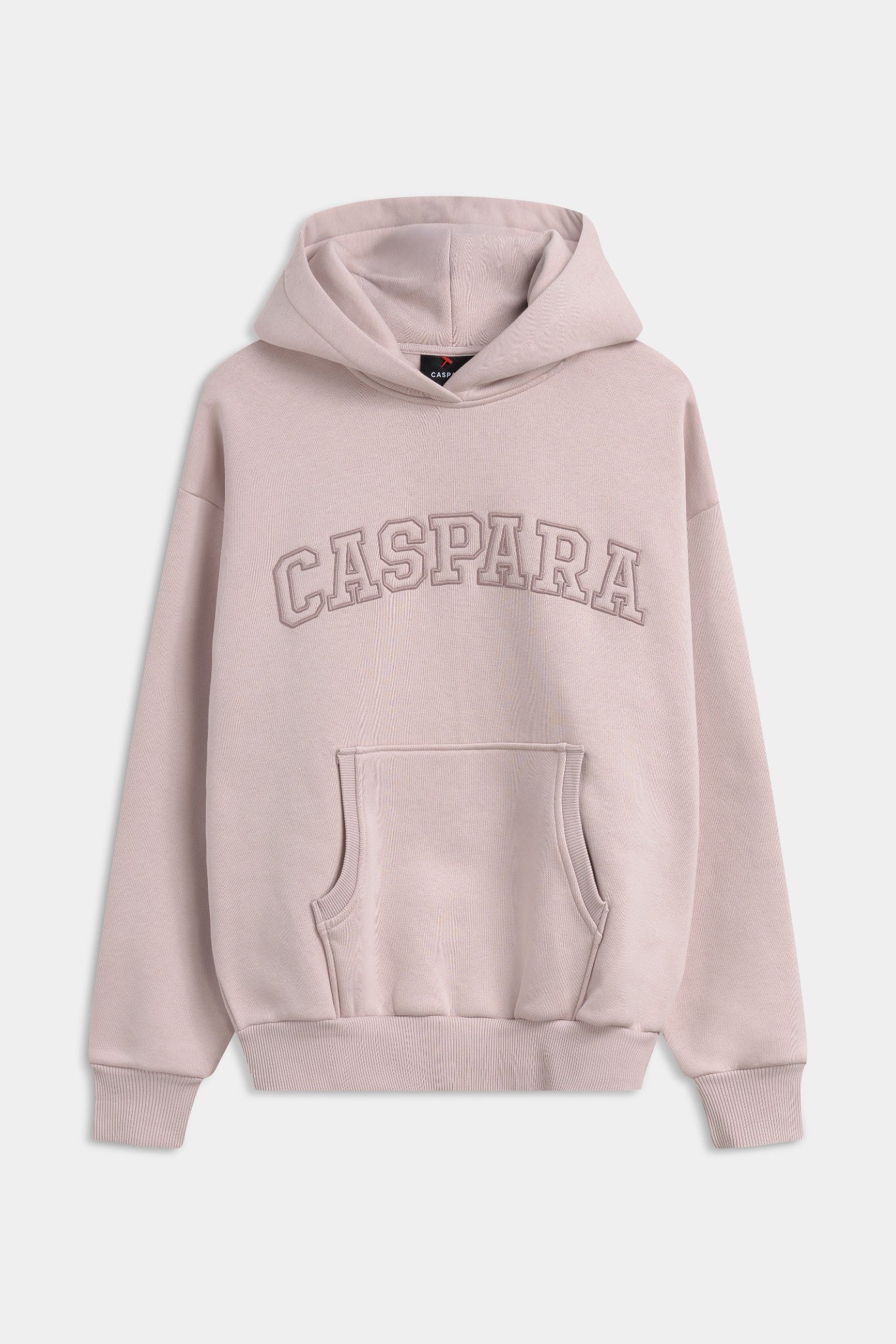 Dusty pink CASPARA logo hoodie with a kangaroo pocket against a grey background.