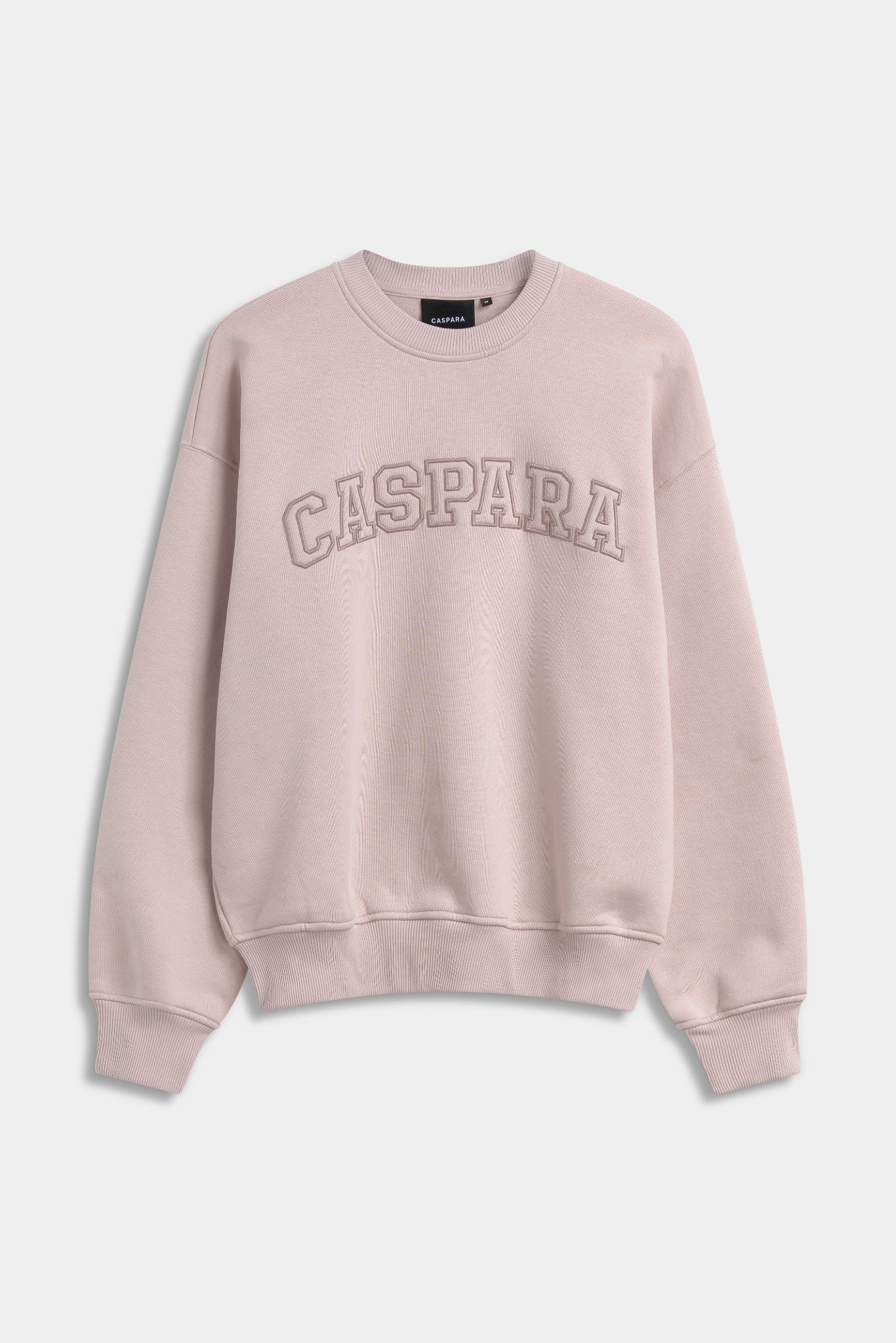 Dusty pink CASPARA logo outline crewneck sweatshirt against a light grey background.