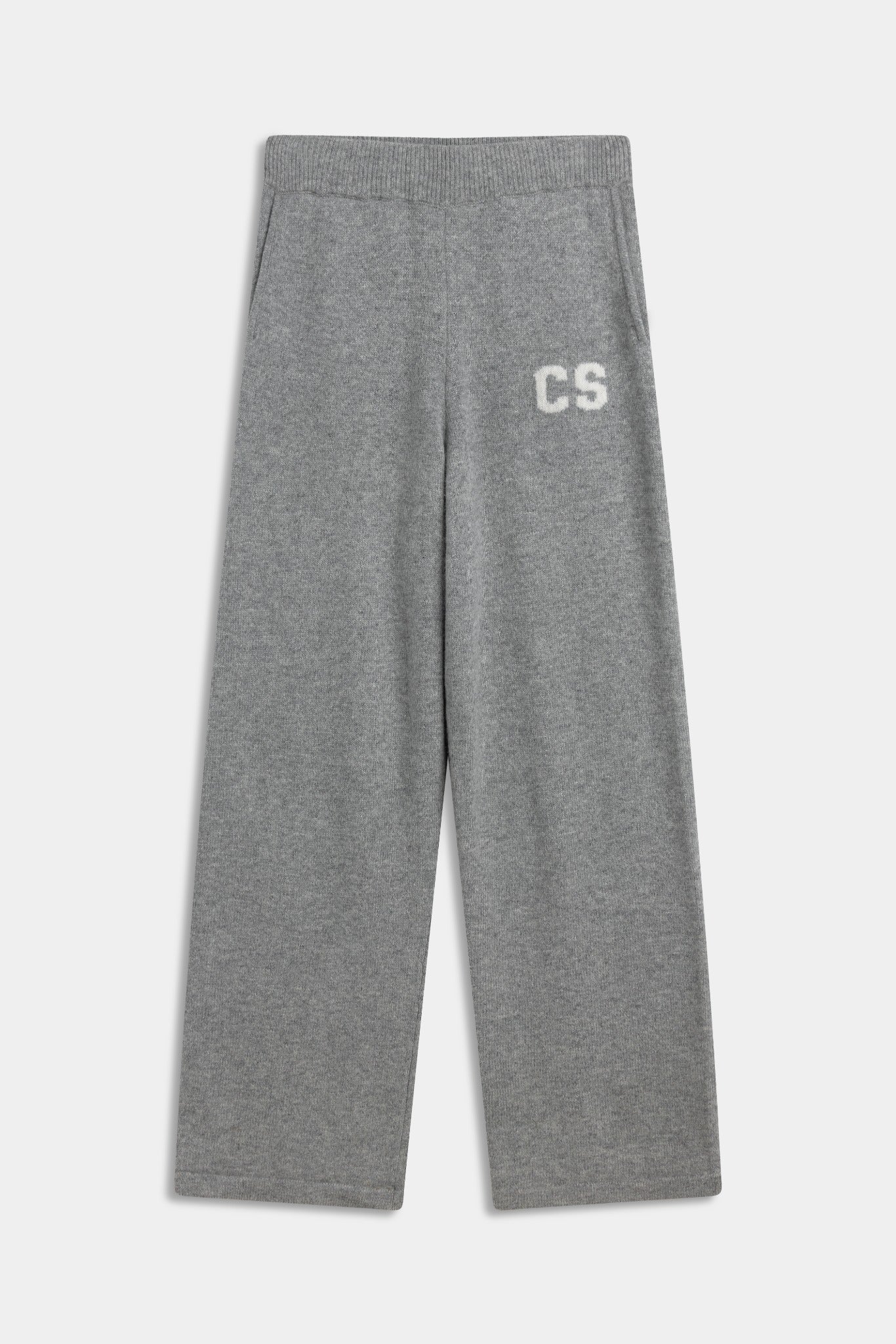 Grey wool knit straight-leg pants with a white CS logo against a light grey background.