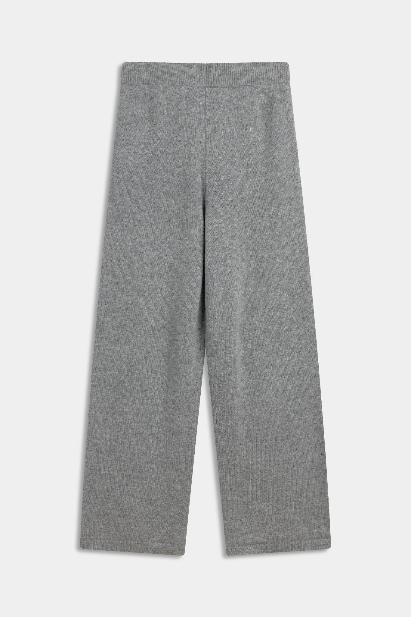 Grey CASPARA wool knit straight-leg pants laid flat against a light background.