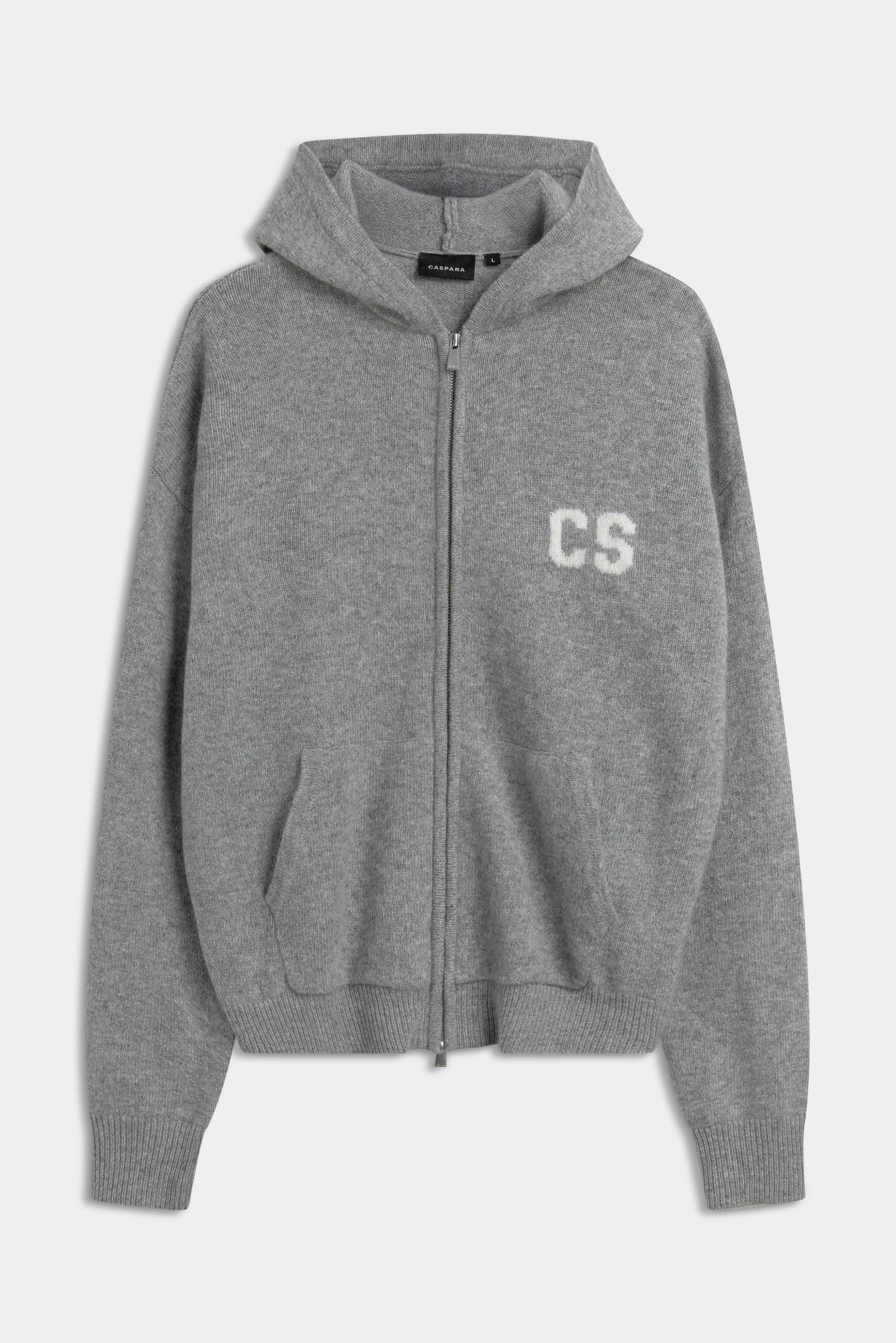 Dark grey melange CASPARA woolknit zip hoodie with white CS chest logo on a plain background.
