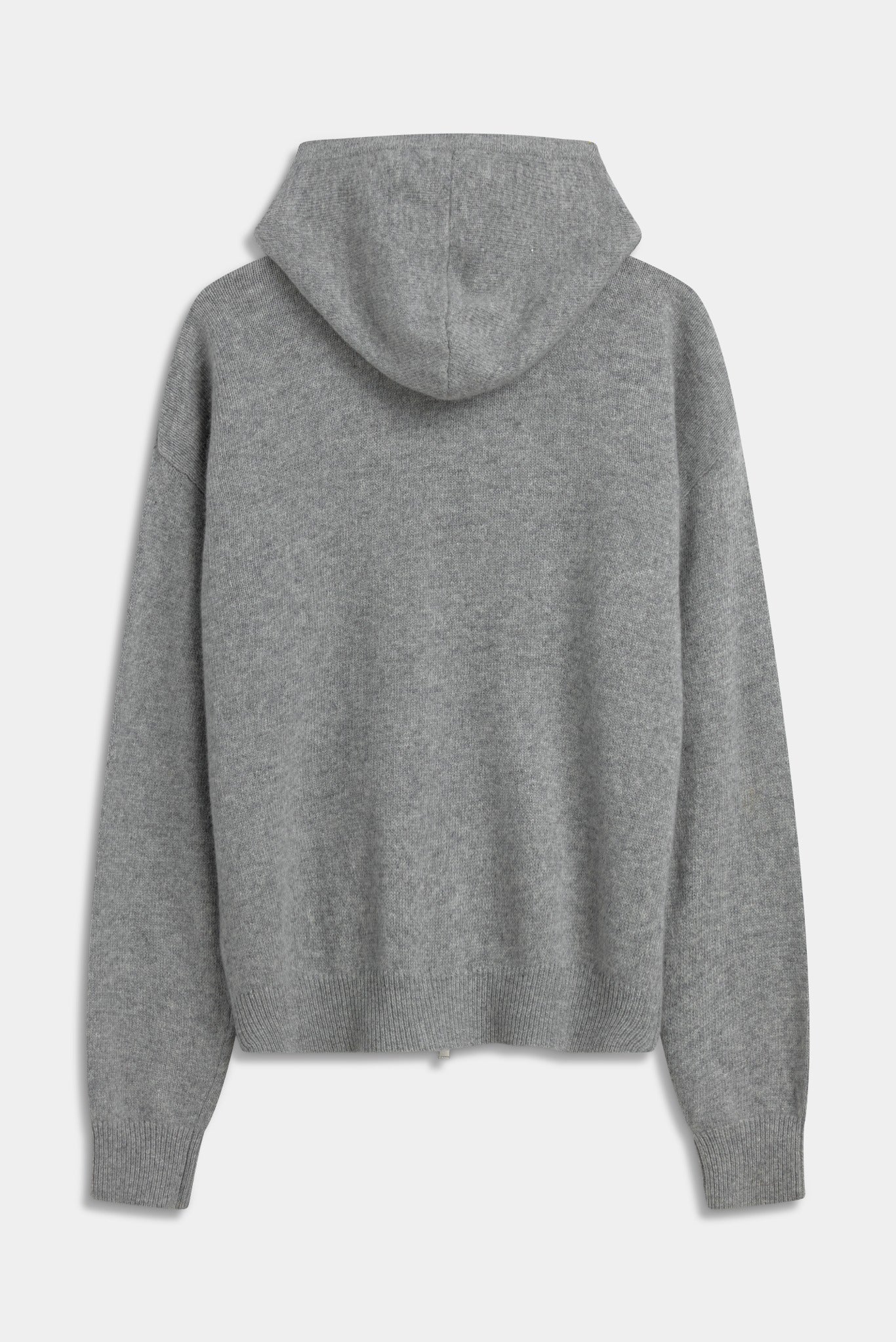 Back view of a CASPARA dark grey melange woolknit zip jacket against a studio background.