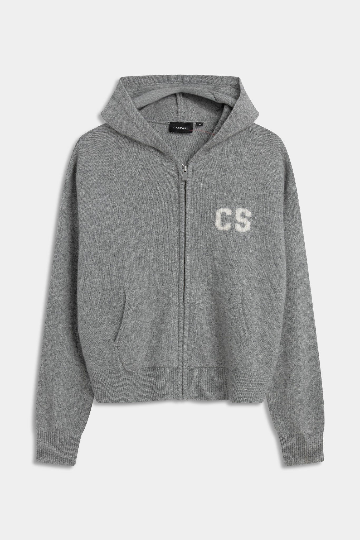 Grey CASPARA wool knit zip-up hoodie jacket with a white CS monogram logo.