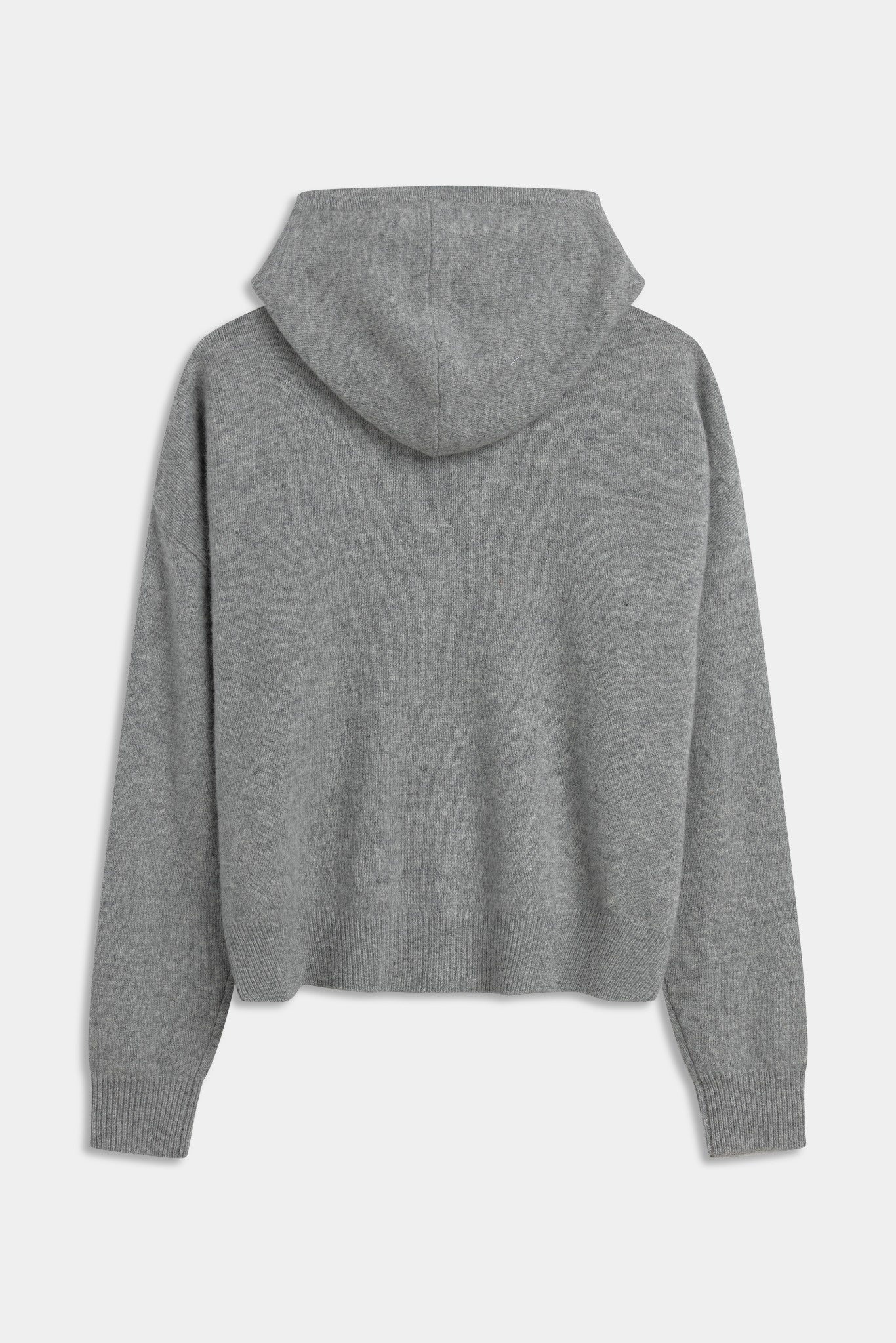 Back view of a grey CASPARA woolknit hooded jacket on a light grey background.