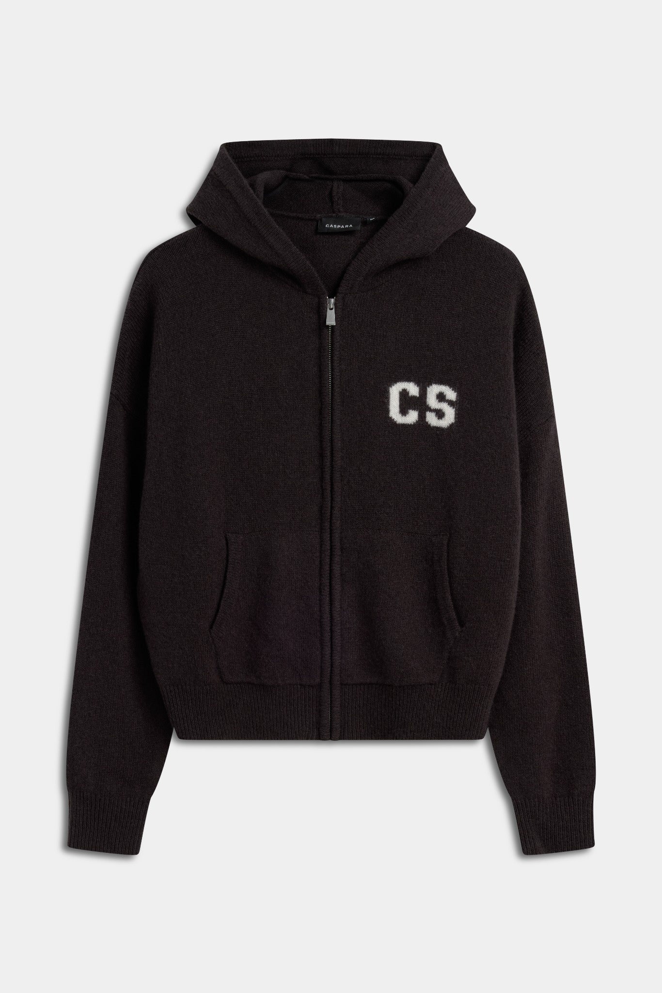 Cocoa bean CASPARA woolknit zip jacket with hood and white CS logo against a grey background.