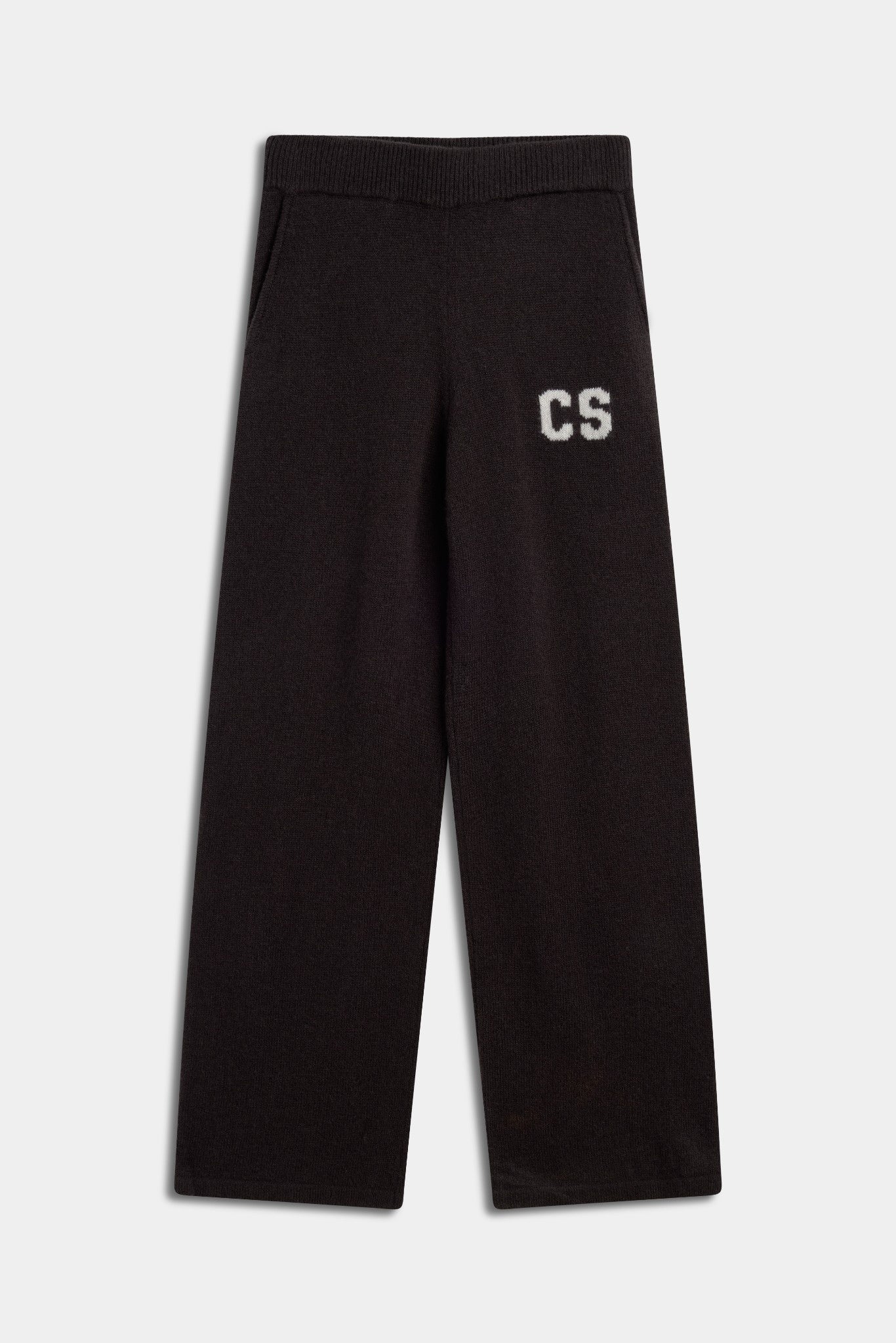 Cocoa bean CASPARA woolknit straight-leg pants with a white CS logo against a grey background.