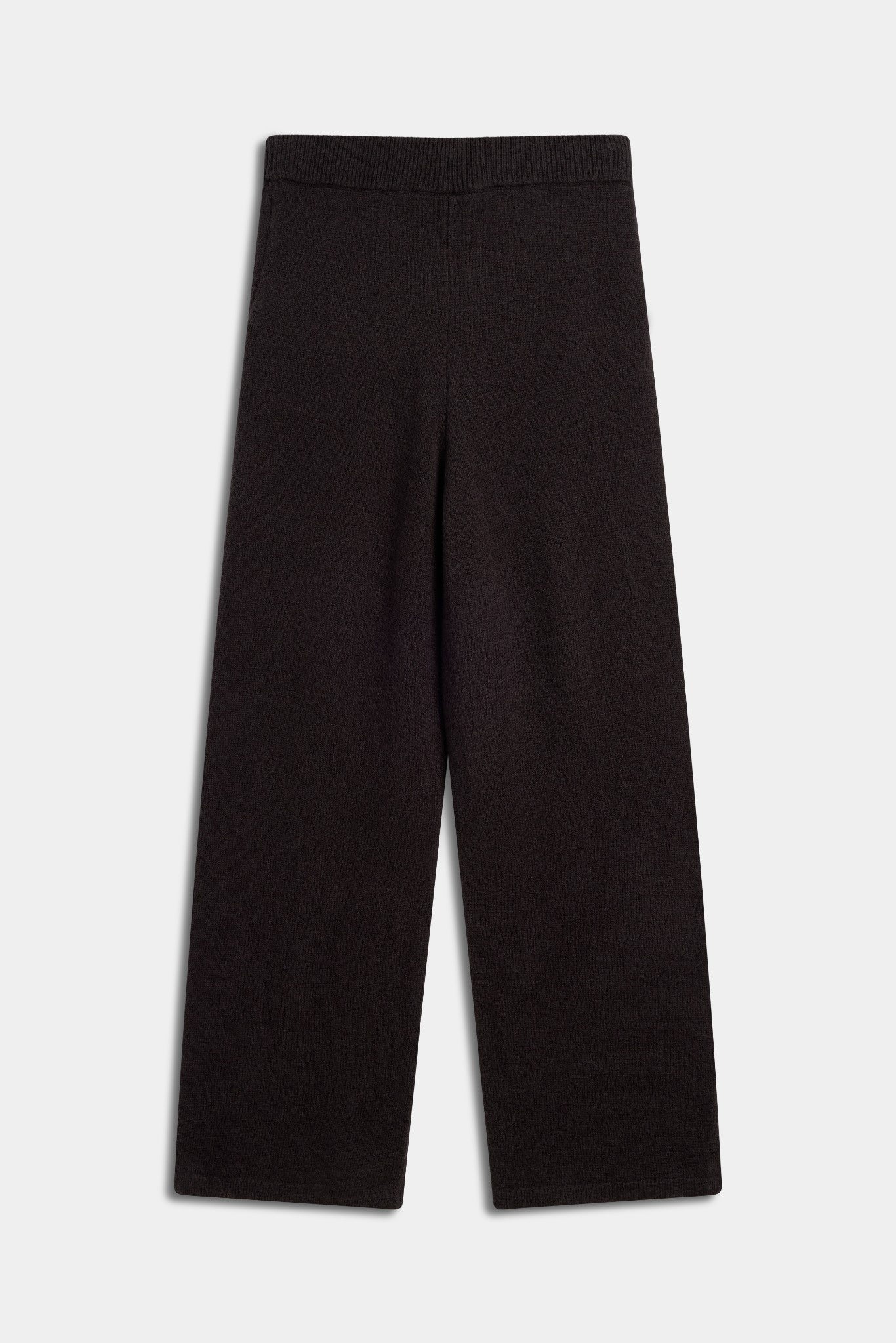 CASPARA cocoa bean brown woolknit straight-leg pants against a grey background.