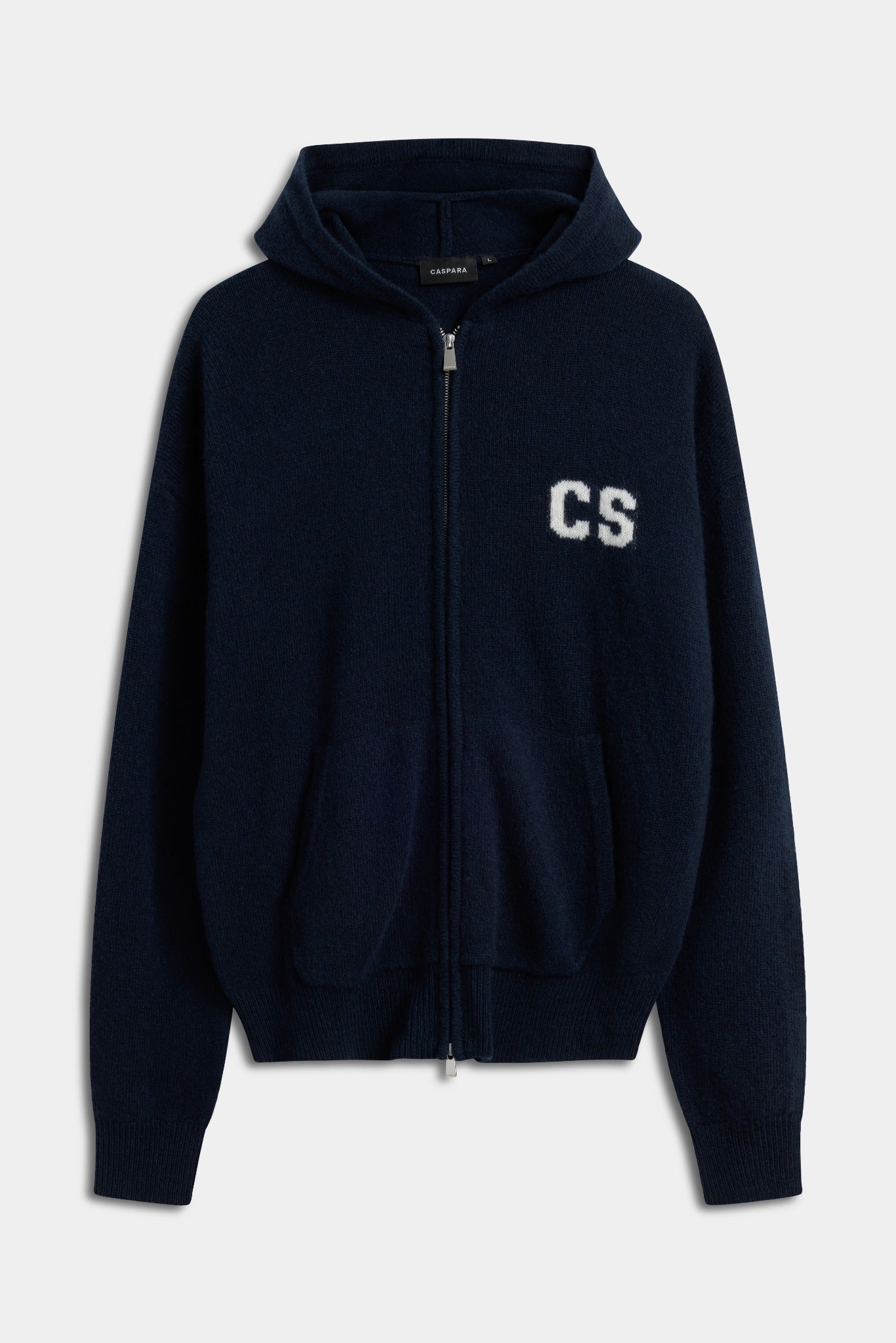 Navy CASPARA wool knit hooded zip jacket featuring a white CS logo against a neutral background.