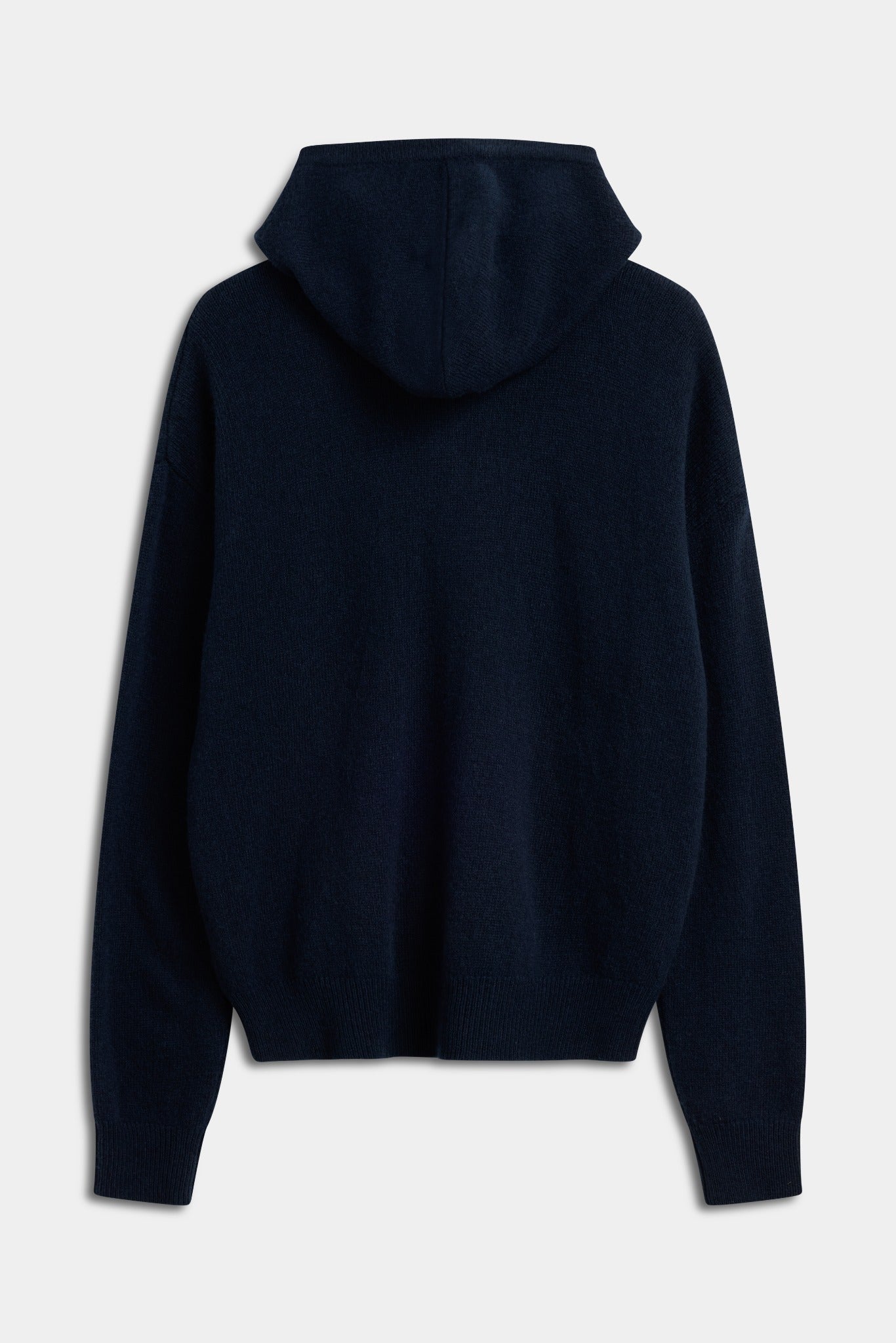 Back view of a navy CASPARA woolknit hooded zip jacket against a light background.