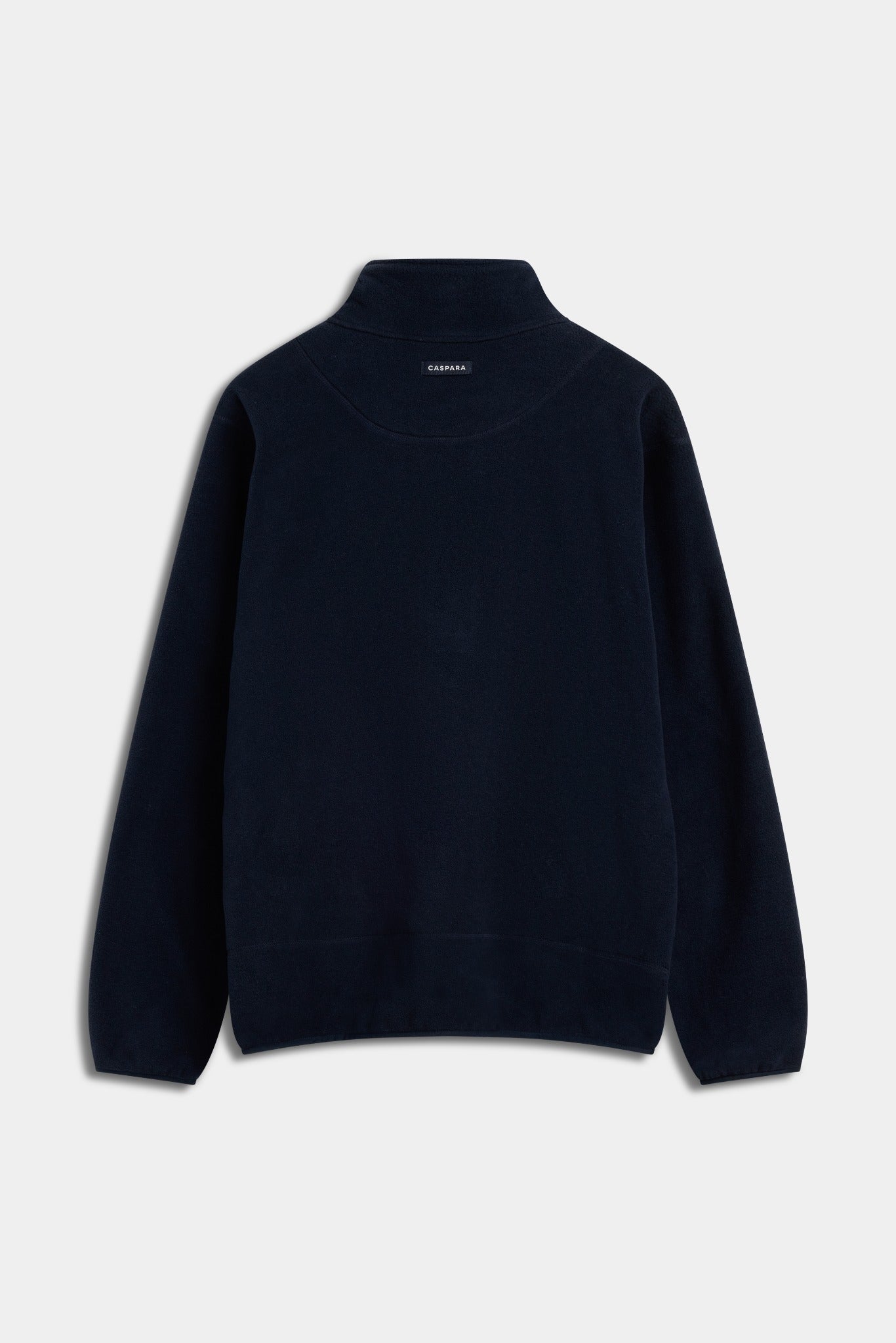 Back view of a navy CASPARA polar fleece half-snap pullover against a grey background.