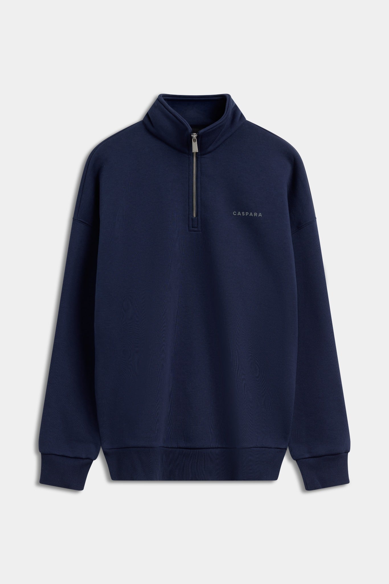 Navy CASPARA quarter-zip sweatshirt with subtle chest logo against a light grey background.