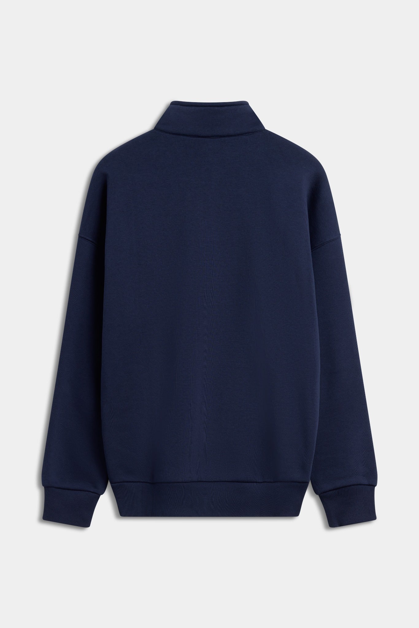 Back view of the CASPARA navy quarter-zip sweatshirt against a light grey background.