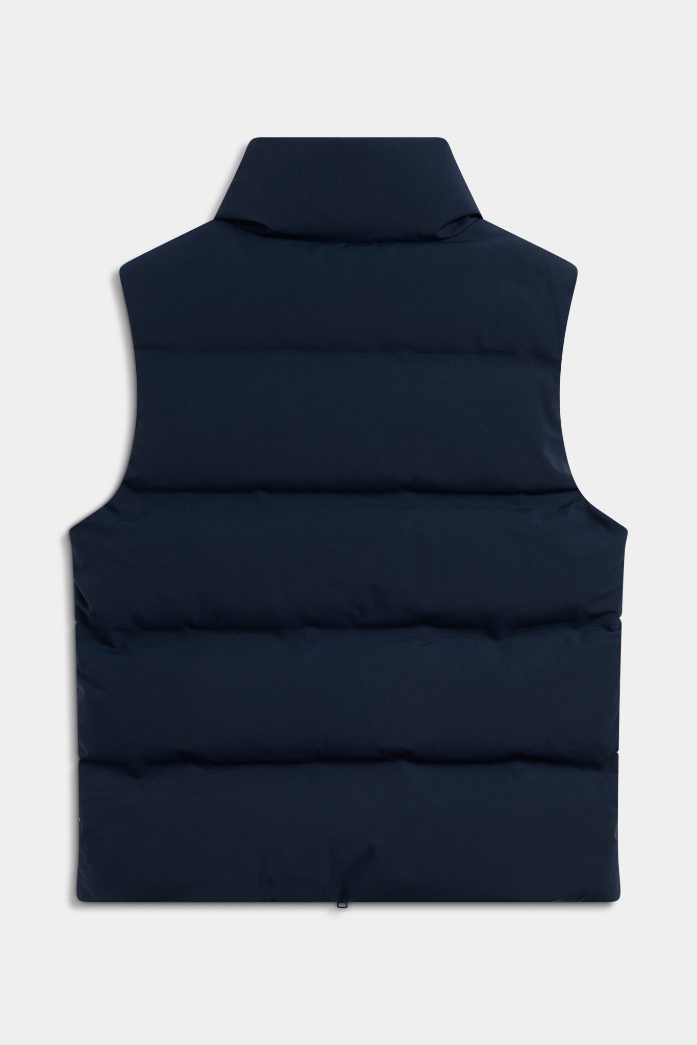 Back view of the CASPARA navy Boreal puffer vest against a light grey background.
