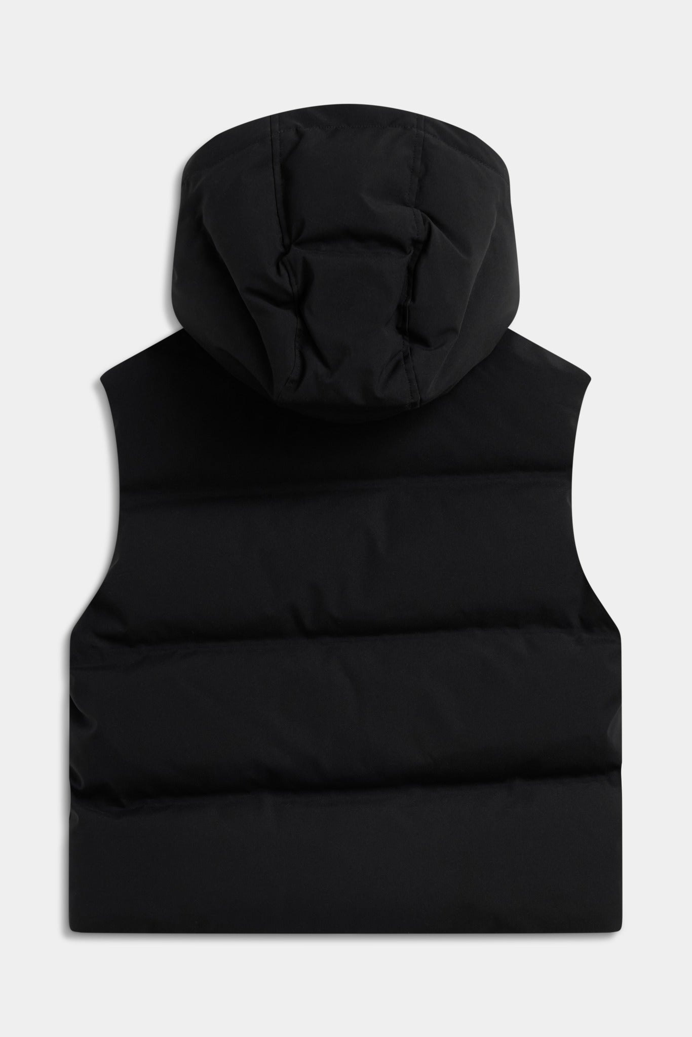Back view of a black CASPARA Aurora hooded down puffer vest against a light grey background.
