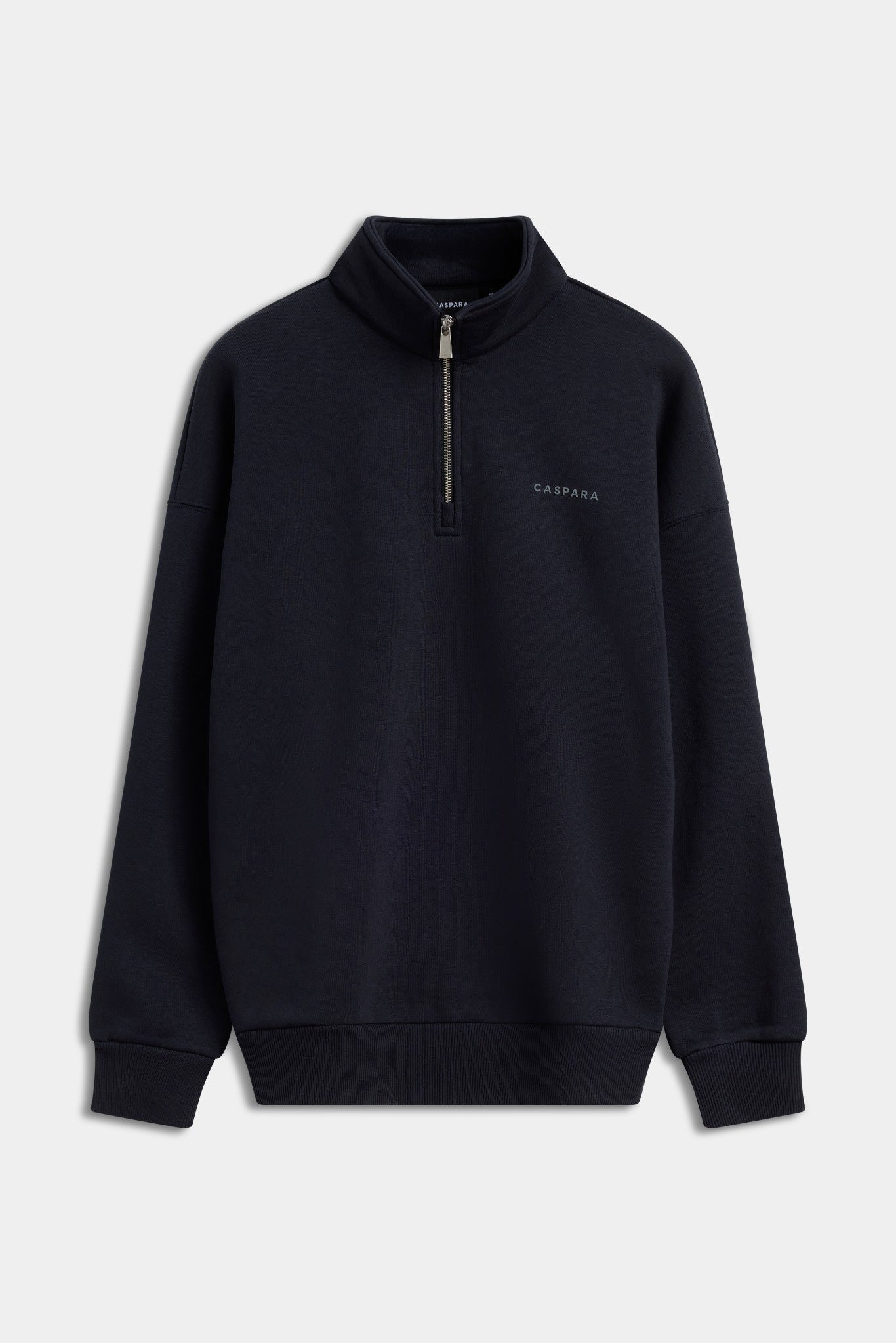 CASPARA mineral black quarter-zip sweatshirt against a light grey background.