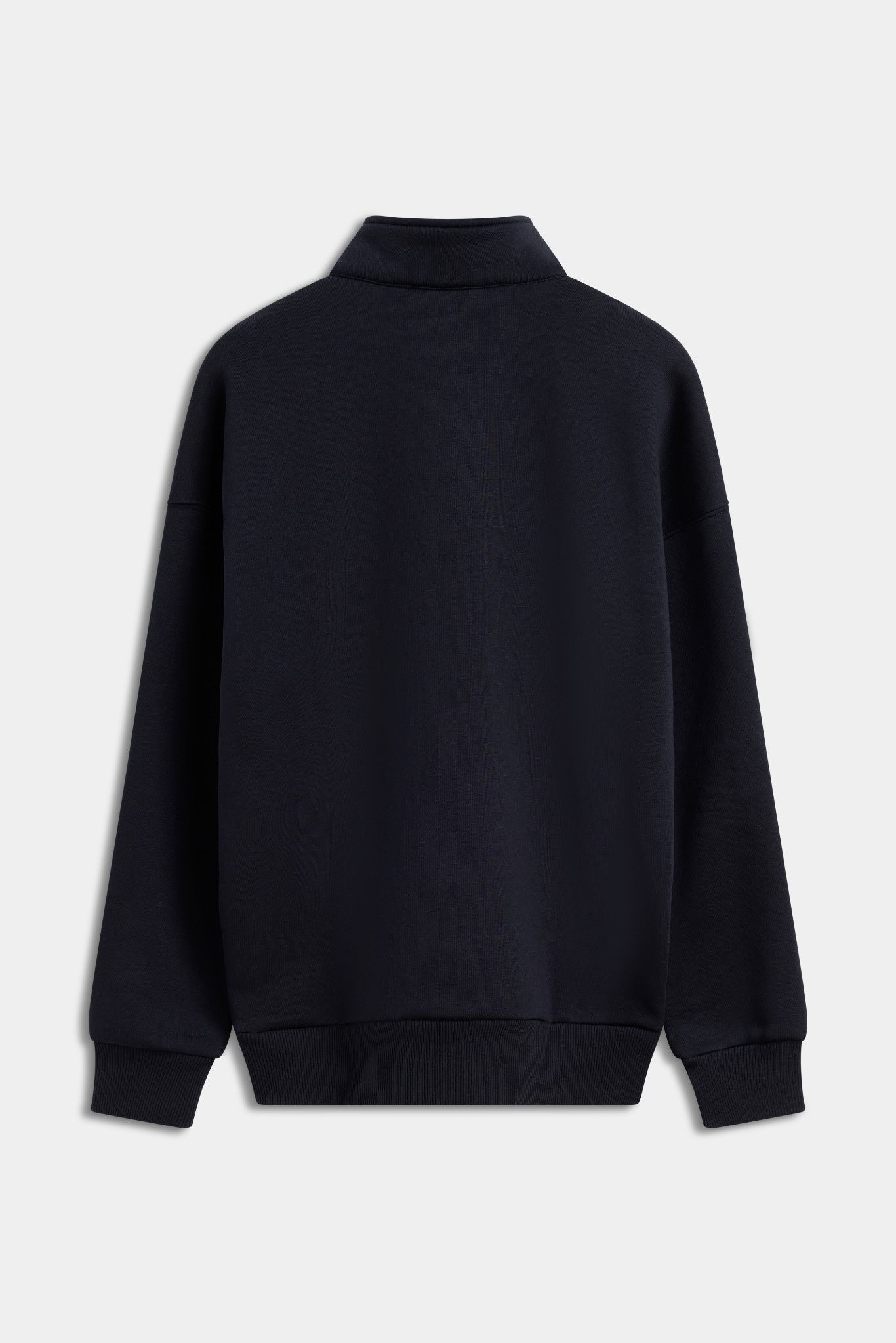 Back view of a men's CASPARA quarter-zip sweatshirt in navy against a light grey background.