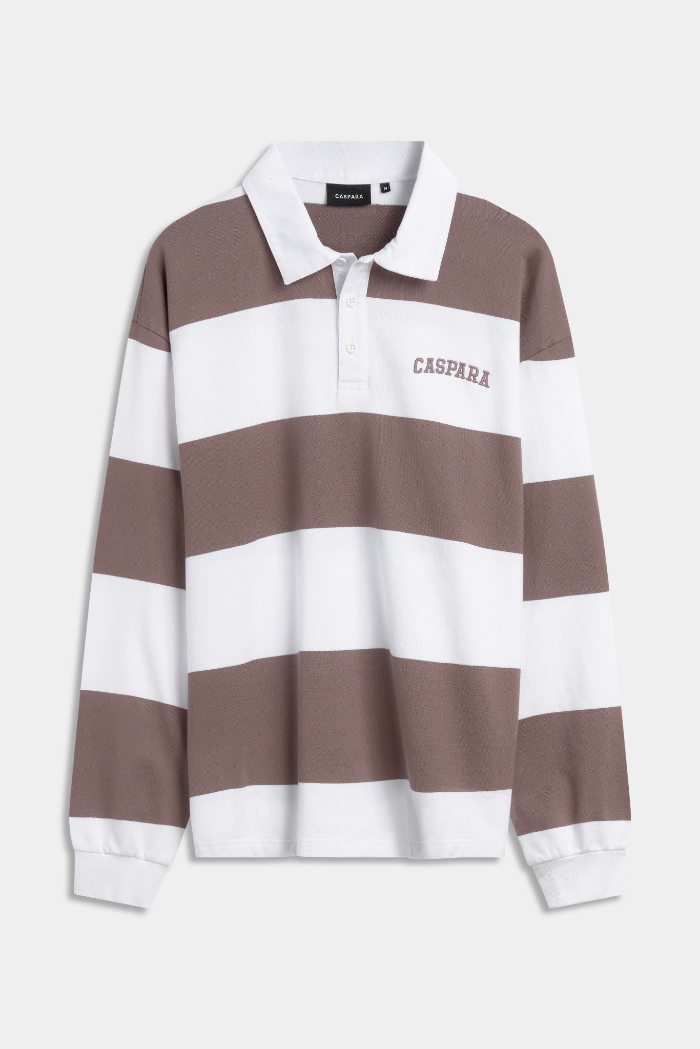 CASPARA walnut and white striped long-sleeve rugby shirt with a white collar on a plain background.
